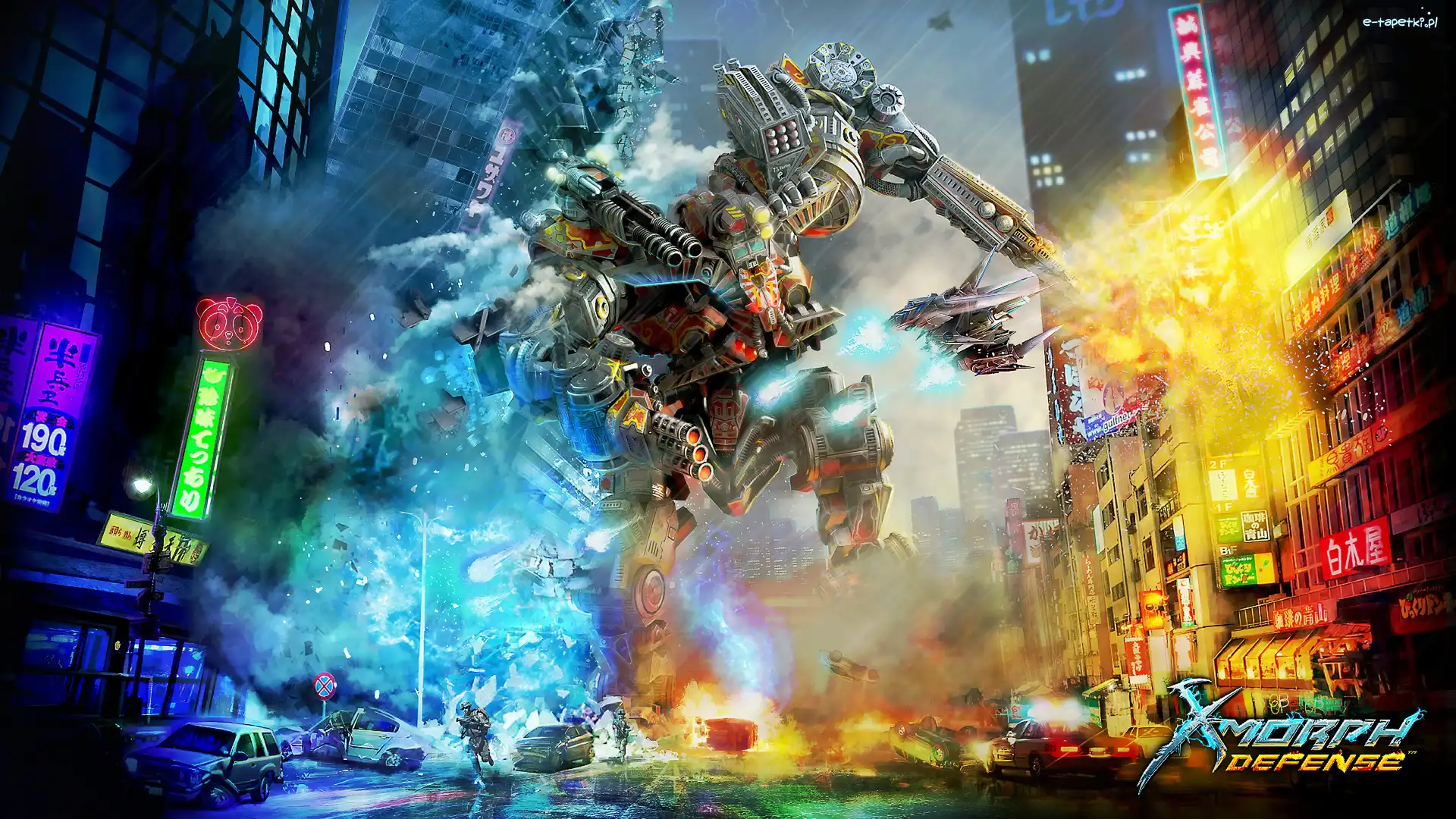 Human Mech, X-Morph Defense, Walka, Ulica, Postać, Robot, Domy, Gra