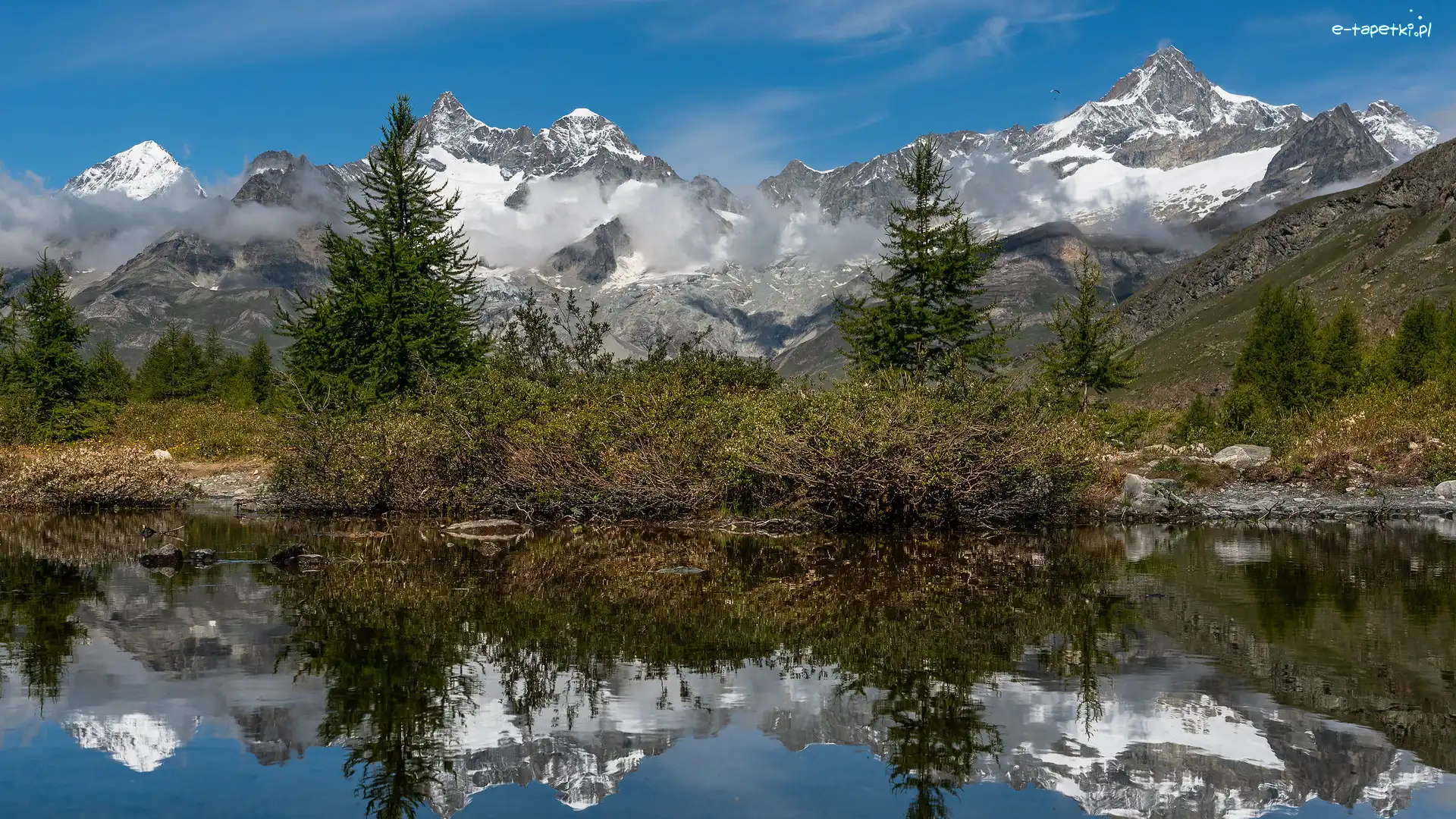Szwajcaria, Masyw Obergabelhorn Zinalrothorn, Jezioro, Alpy Pennińskie, Góry, Odbicie, Drzewa