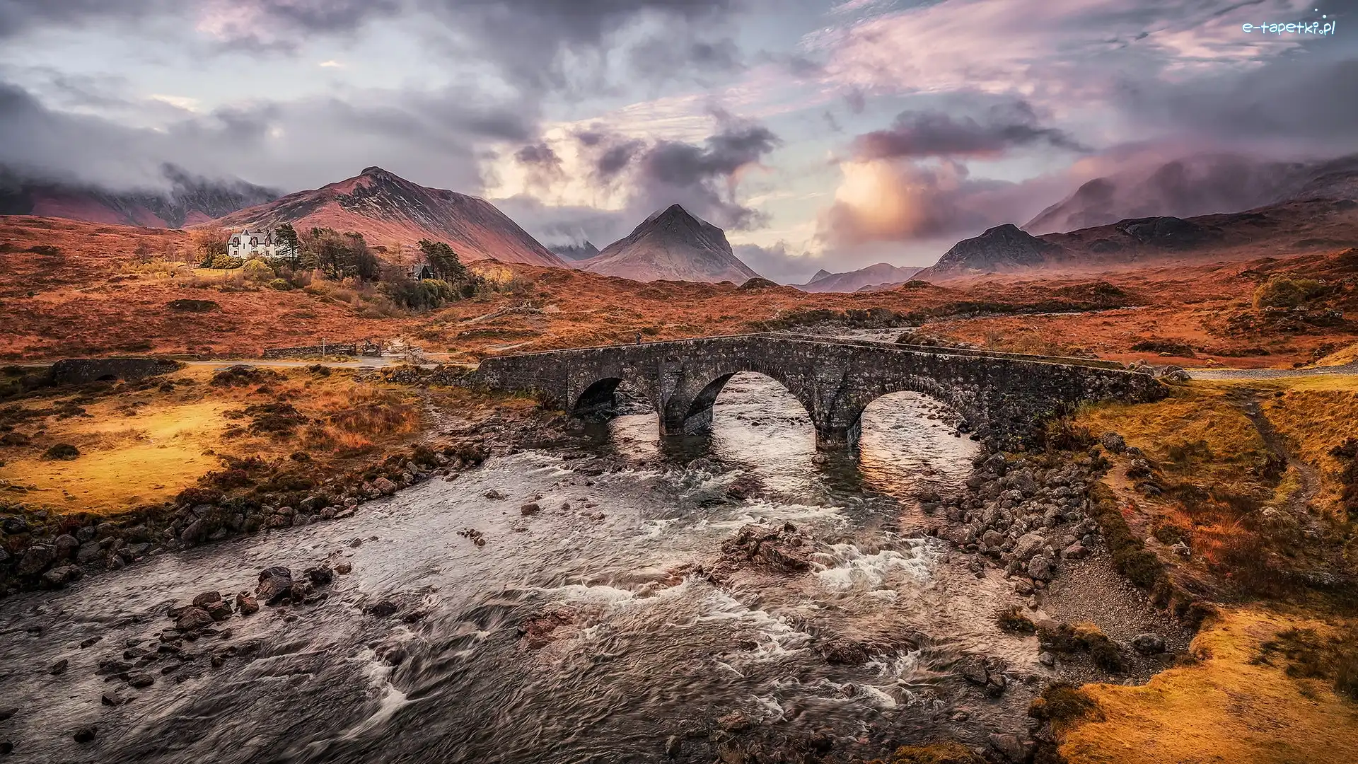 Góry, Sligachan River, Sligachan Bridge, Most, Kamienny, Szkocja, Wyspa Skye, Rzeka, Dom