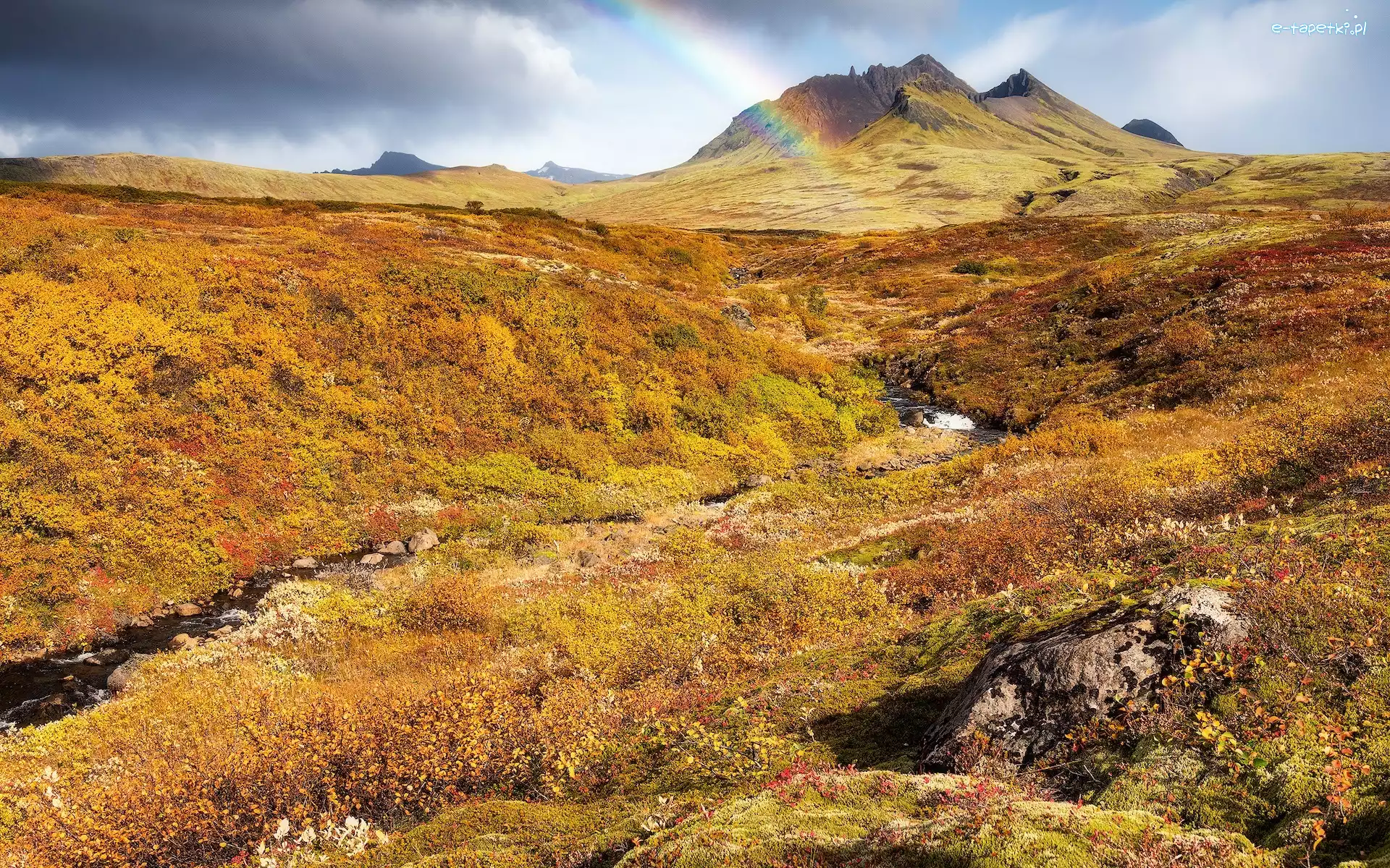 Potok, Góra, Jesień, Wzgórza, Islandia, Roślinność, Tęcza