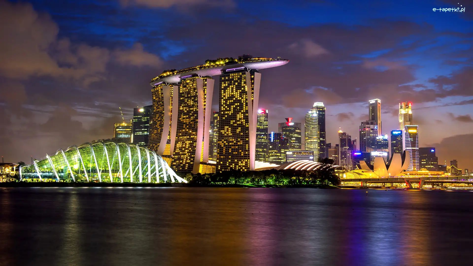 Marina Bay Sands, Oświetlony, Hotel, Singapur, Gardens by the Bay, Noc