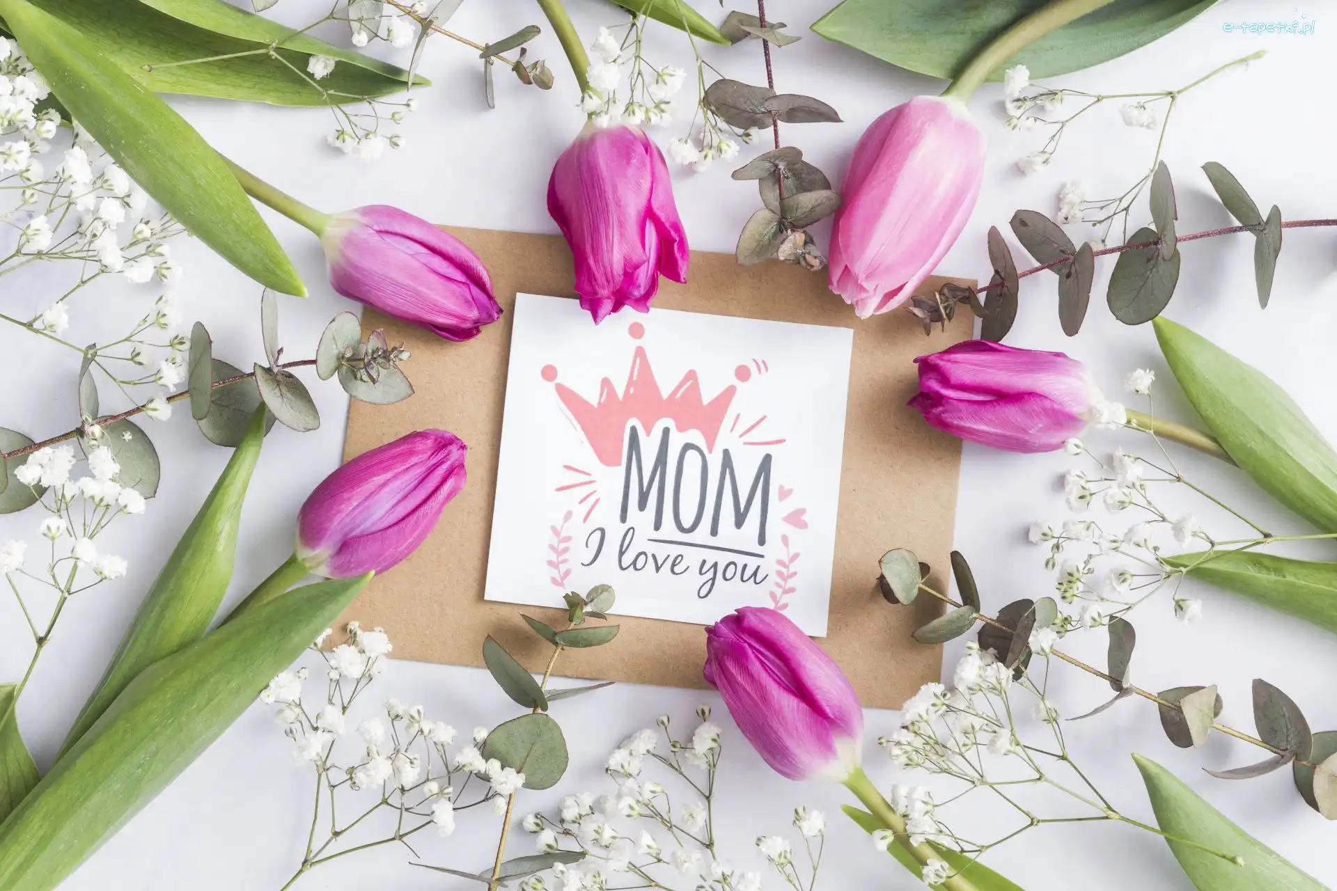 Koperta, Dzień Matki, Kartka, Różowe, I love you, Tulipany, Gipsówki, Mom, Białe, Kwiaty, Napisz