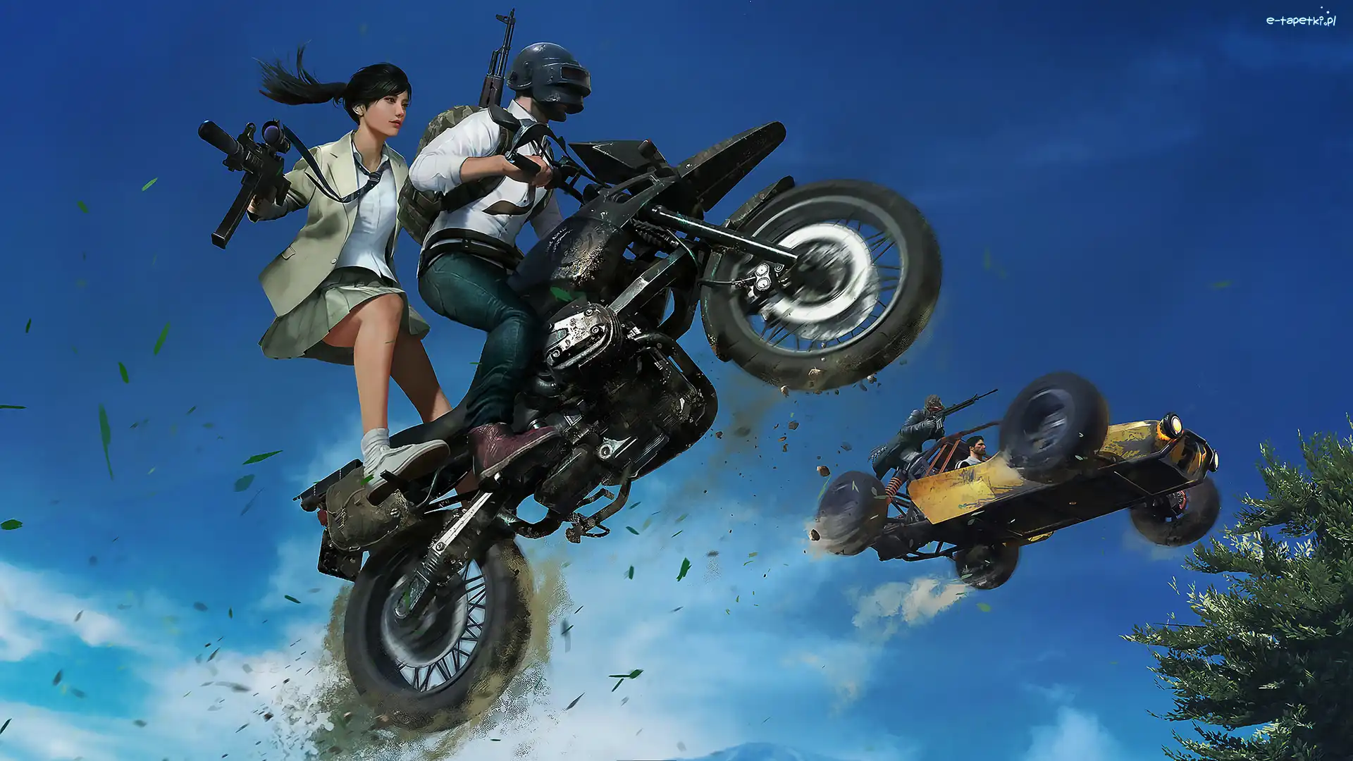 Samochód, PUBG Playerunknowns Battlegrounds, Broń, Dziewczyna, Motocykl, Skok, Motocyklista, Gra