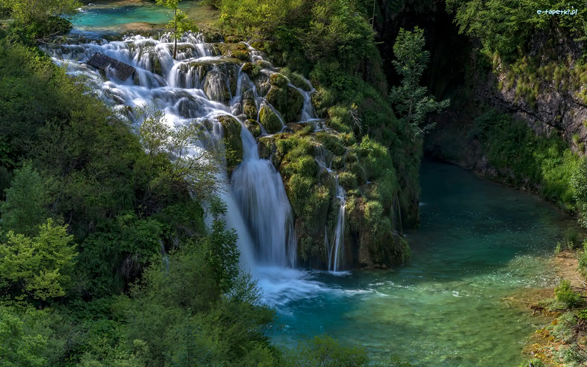 Korana Waterfall, Chorwacja, Drzewa, Plitvice, Park Narodowy Jezior Plitwickich, Wodospad, Skały