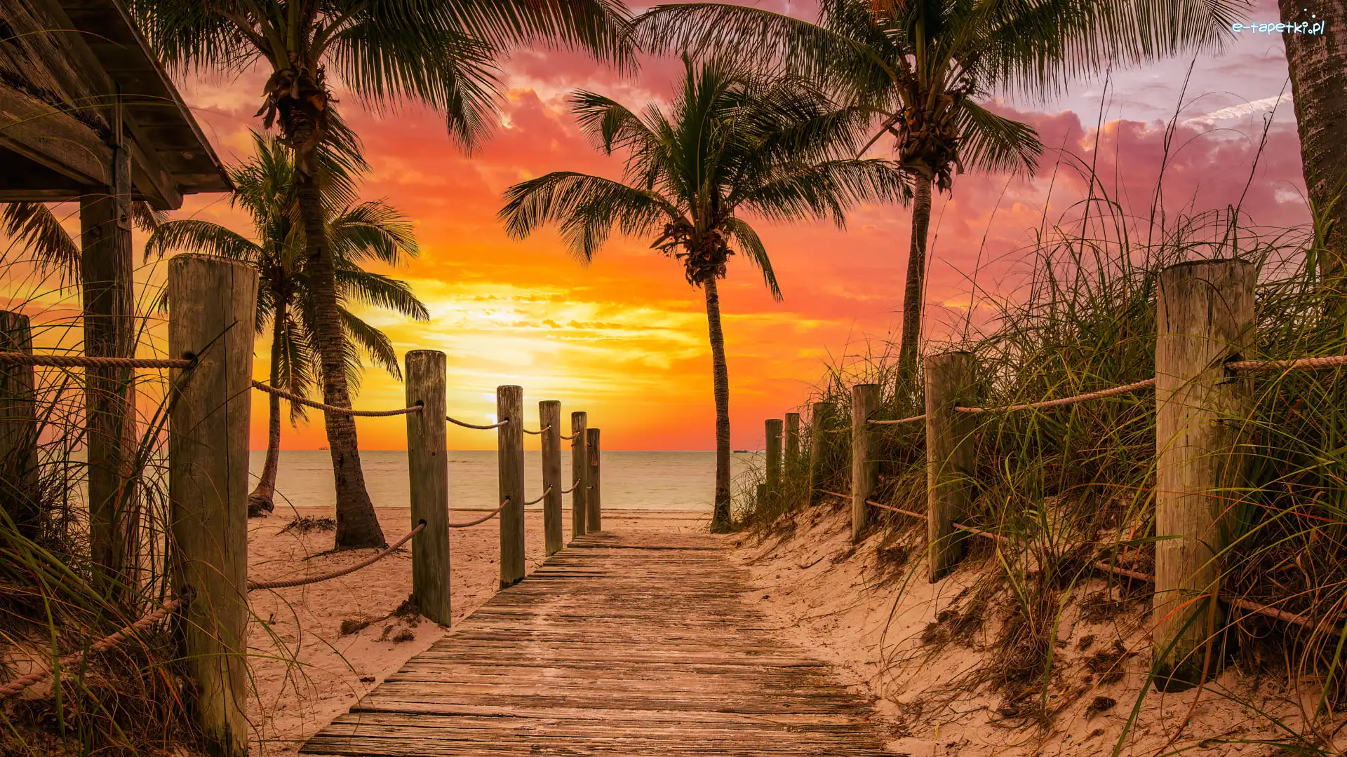 Key West, Plaża, Stany Zjednoczone, Palmy, Morze, Podest, Ogrodzenie, Zachód słońca, Smathers Beach, Floryda