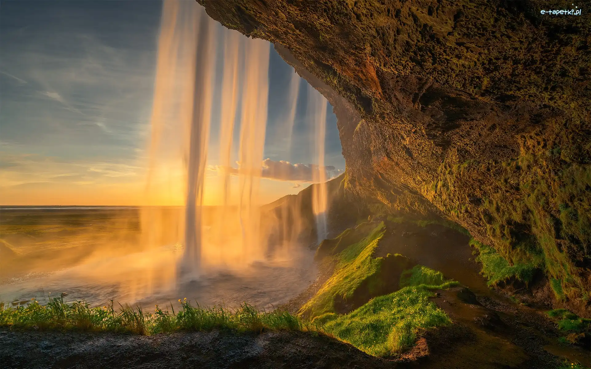 Islandia, Rozświetlony, Skały, Promienie słońca, Wodospad Seljalandsfoss