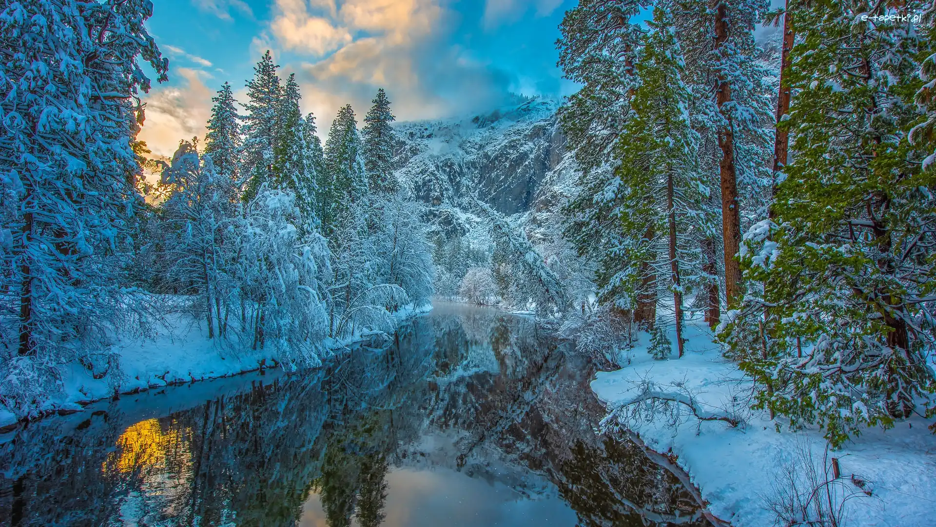 Śnieg, Drzewa, Rzeka, Góry, Zima, Stany Zjednoczone, Kalifornia, Merced River, Park Narodowy Yosemite