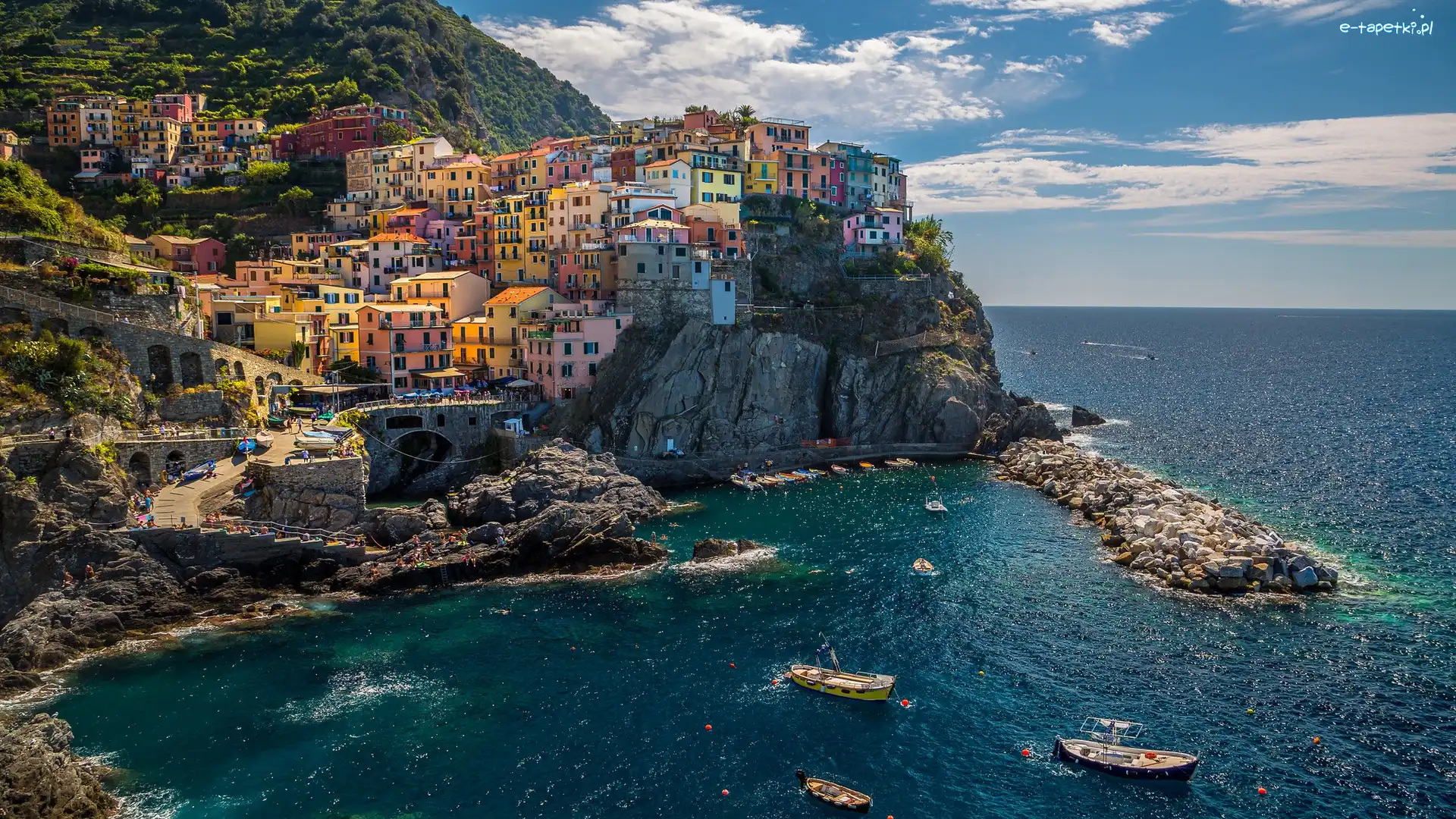 Łódki, Skały, Morze Liguryjskie, Cinque Terre, Wybrzeże, Włochy, Gmina Riomaggiore, Domy, Manarola