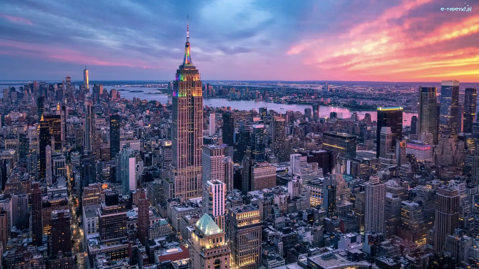 Manhattan, Wieżowce, Empire State Building, Nowy Jork, Stany Zjednoczone, Hudson River, Rzeka