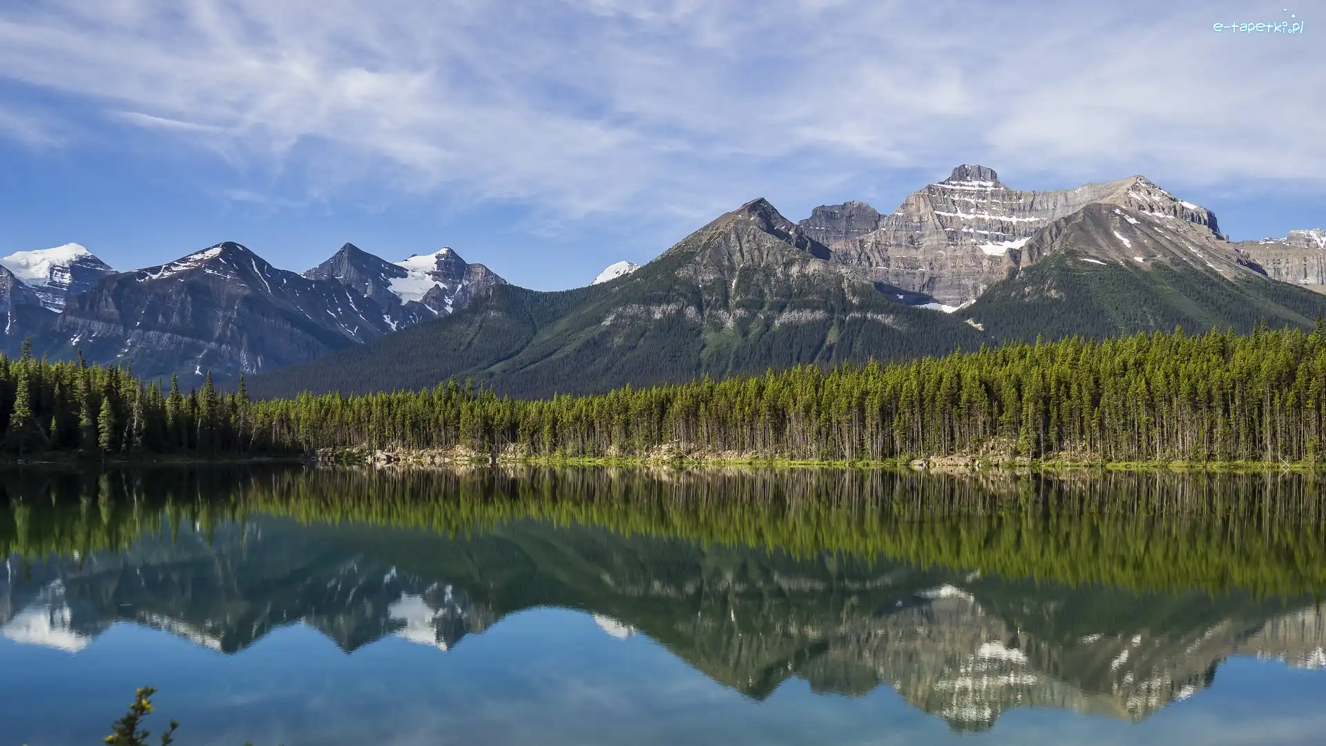 Kanada, Herbert Lake, Drzewa, Jezioro, Góry, Alberta, Odbicie