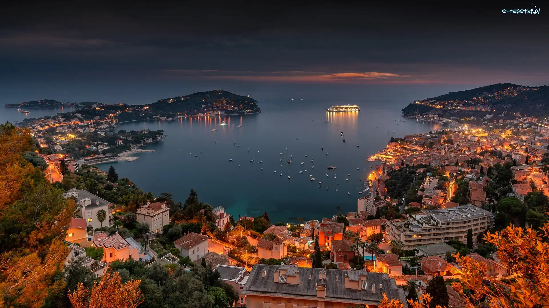 Oświetlone, Morze, Francja, Statek, Zatoka, Miasto, Villefranche sur Mer, Noc