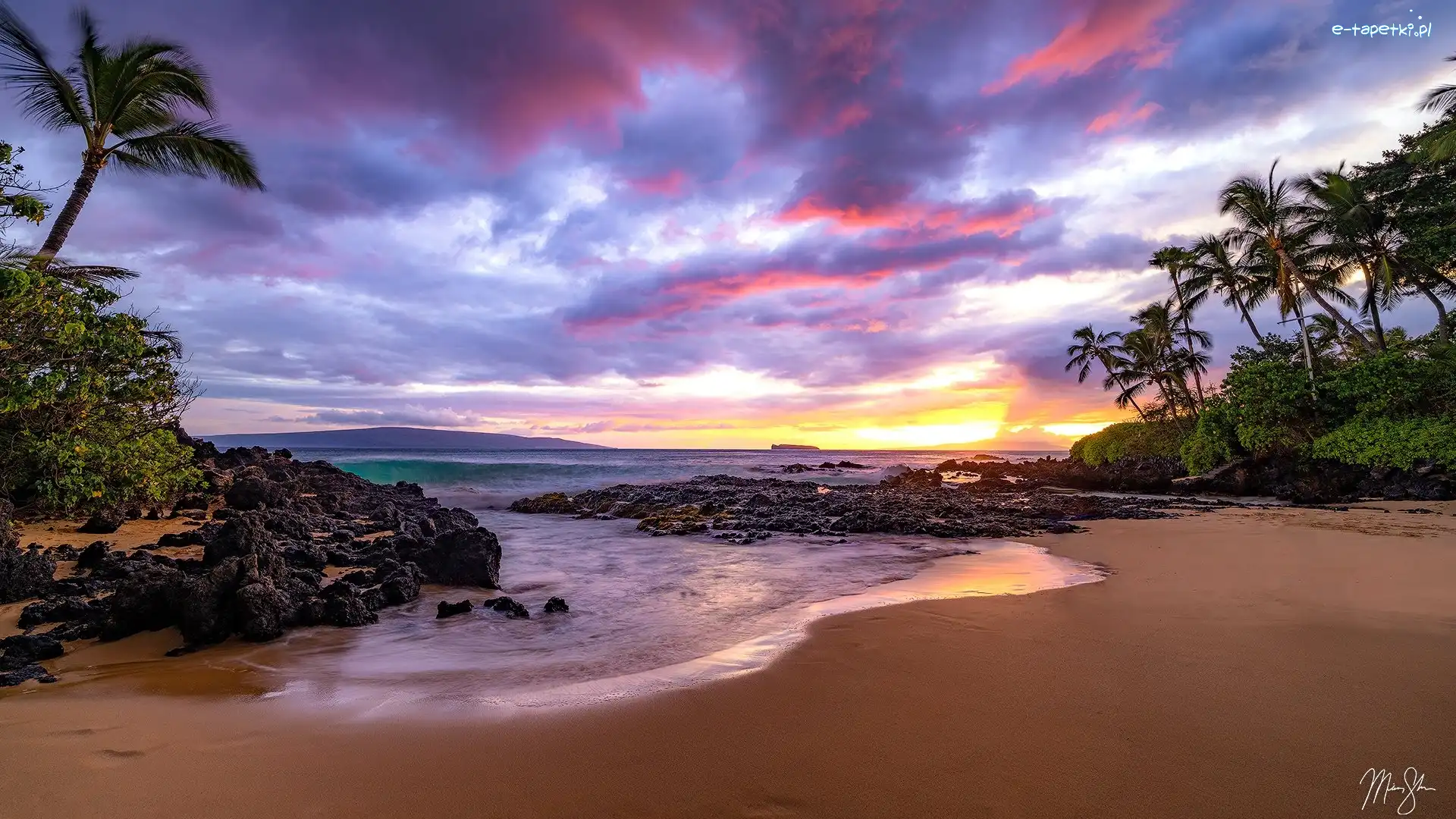 Skały, Maui, Morze, Hawaje, Stany Zjednoczone, Palmy, Plaża