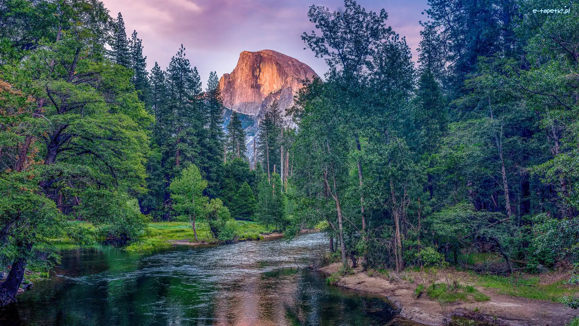 Sierra Nevada, Kalifornia, Drzewa, Góry, Skały, Rzeka, Merced River, Stany Zjednoczone, Park Narodowy Yosemite, Half Dome