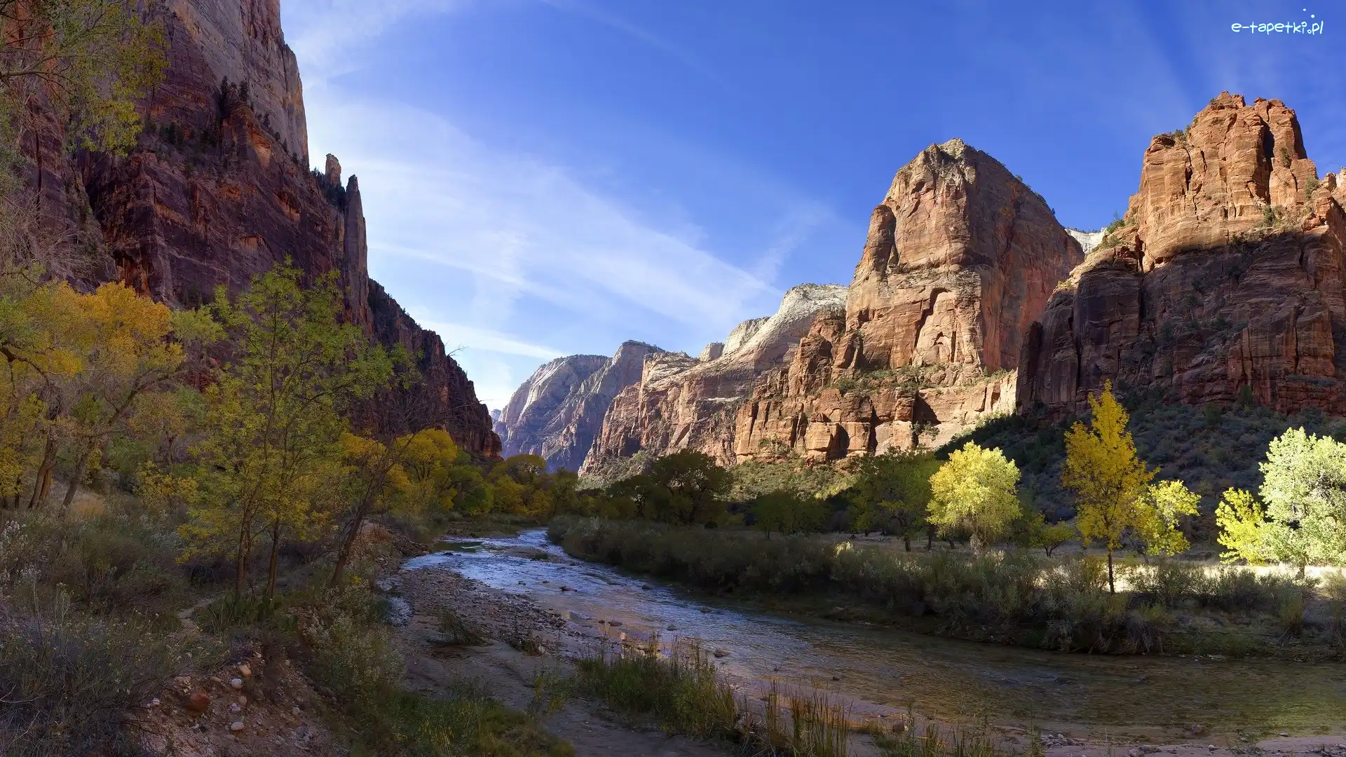 Rzeka, Góra Great White Throne, Stany Zjednoczone, Utah, Skały, Virgin River, Park Narodowy Zion, Góry