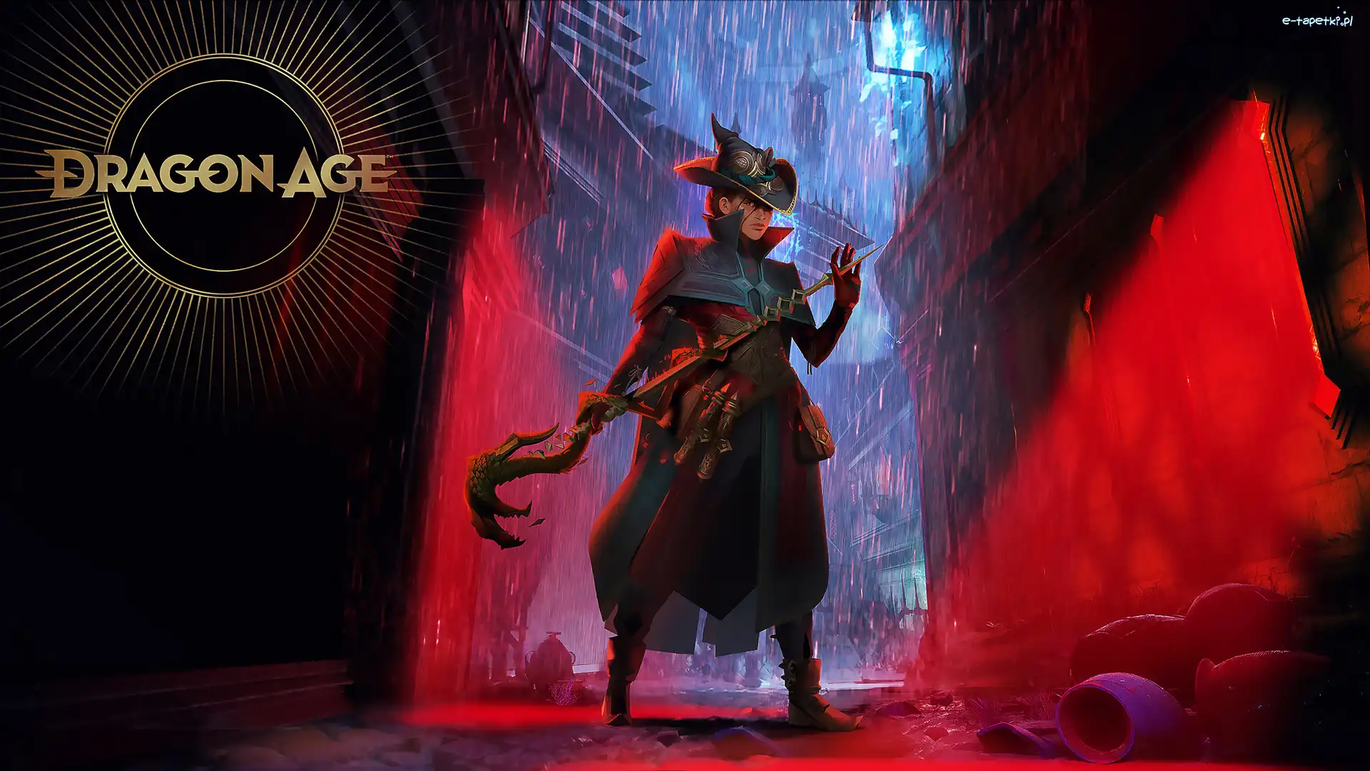 Domy, Kapelusz, Postać, Dragon Age 4, Gra, Światło, Czerwone, Broń, Deszcz