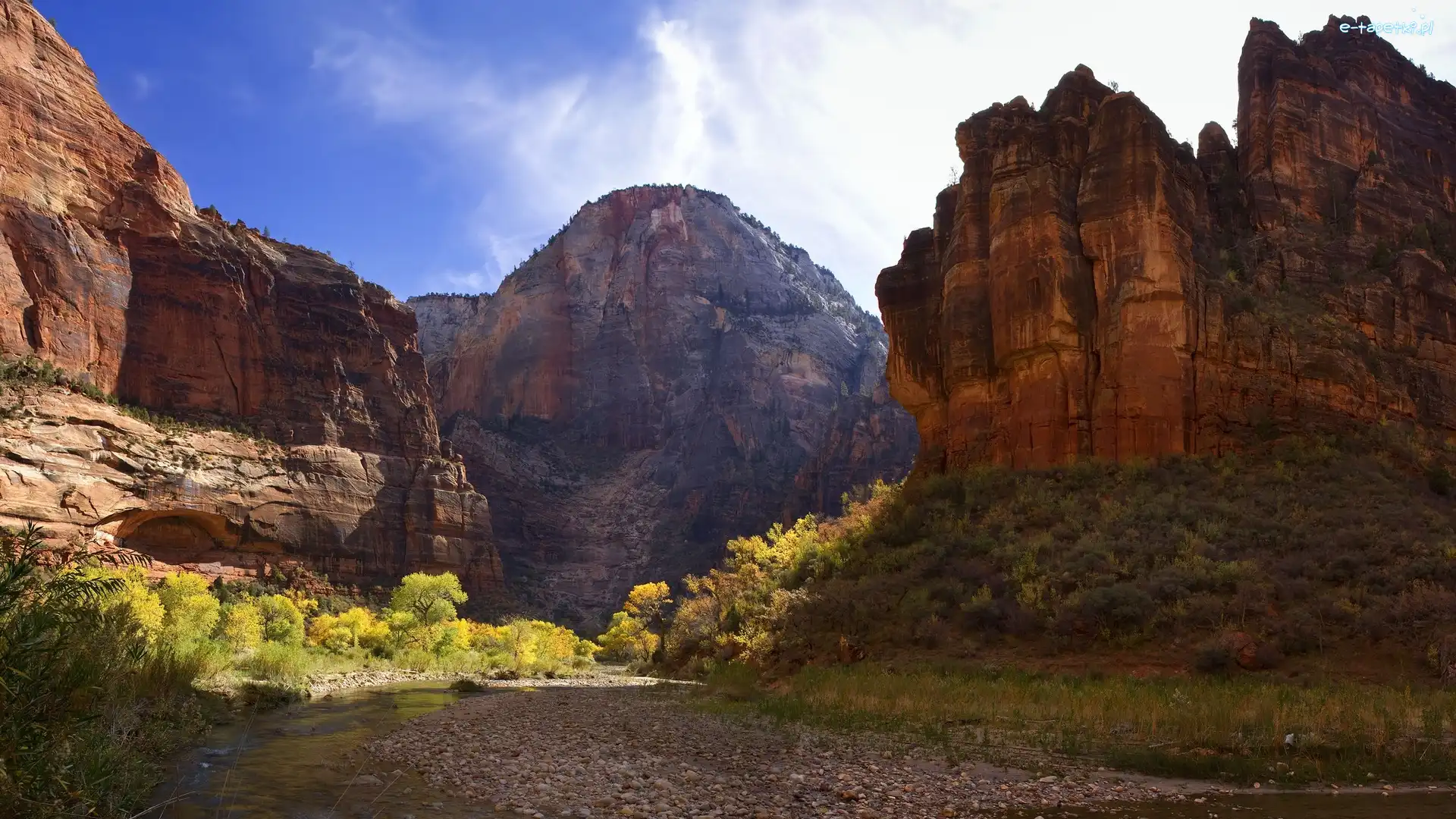 Park Narodowy Zion, Góra, Stany Zjednoczone, Drzewa, Skały, Rzeka, Virgin River, Góry, Cable Mountain, Utah