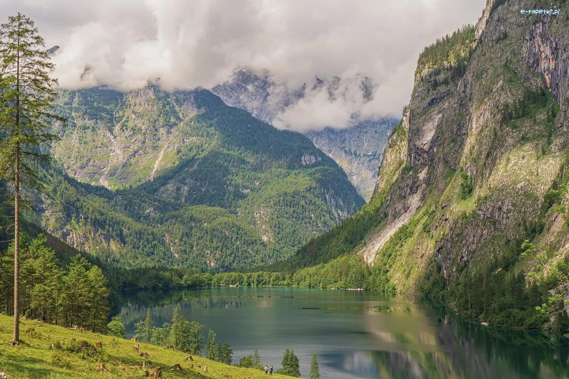 Park Narodowy Berchtesgaden, Chmury, Jezioro Obersee, Niemcy, Alpy Bawarskie, Góry