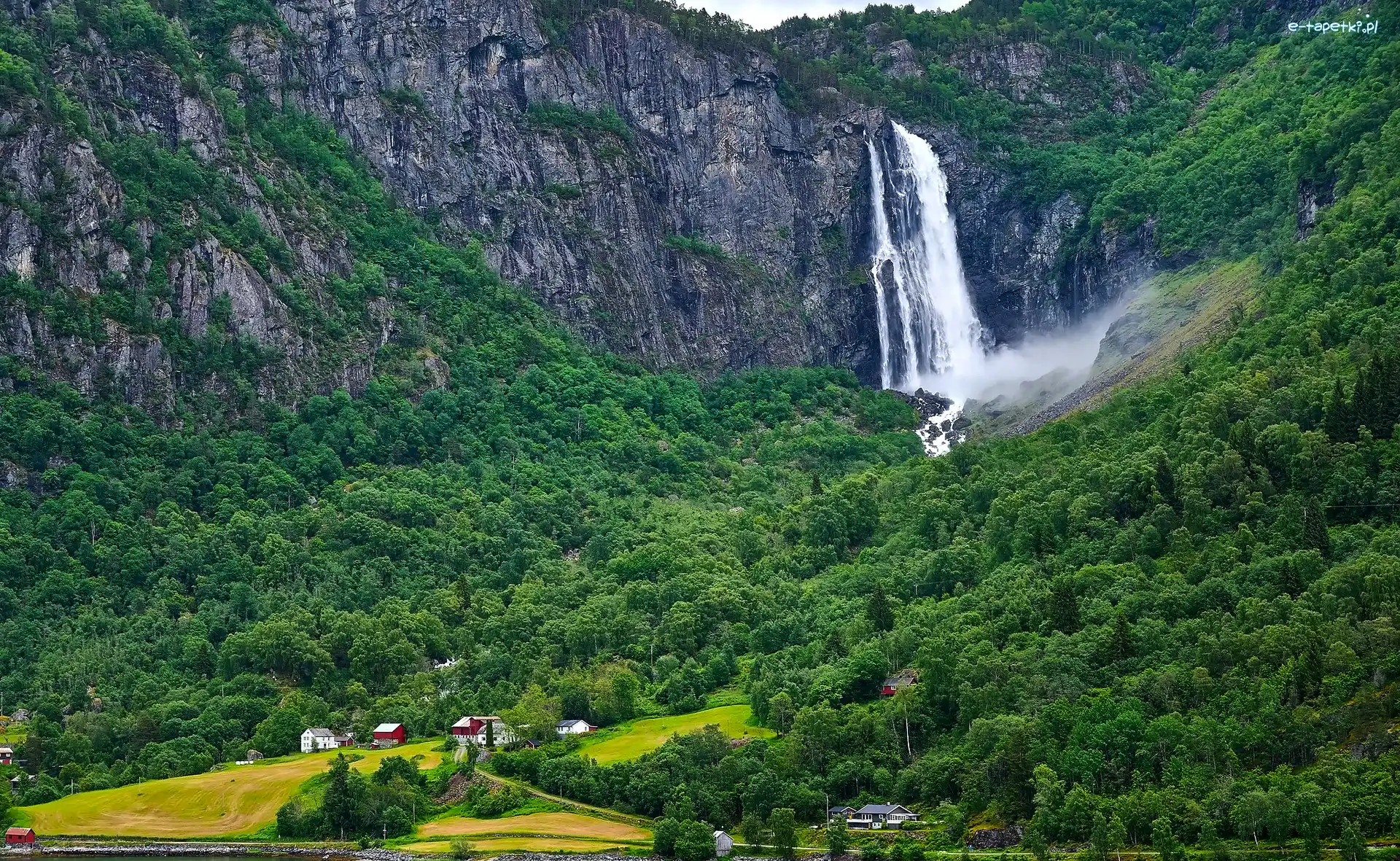 Norwegia, Góry, Drzewa, Skała, Wodospad Feigefossen, Gmina Luster, Domy