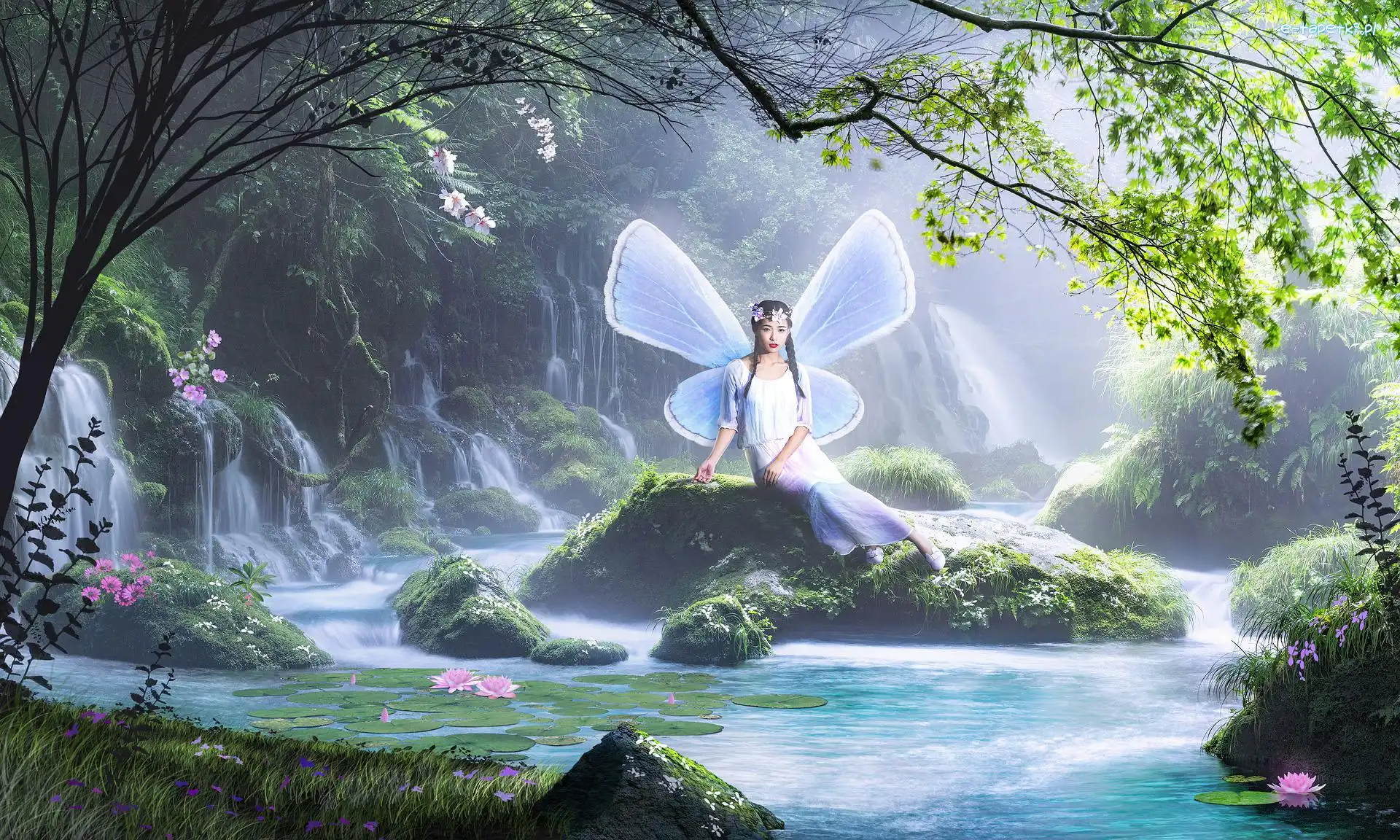 Las, Skała, Rzeka, Fotomontaż, Wróżka, Fantasy
