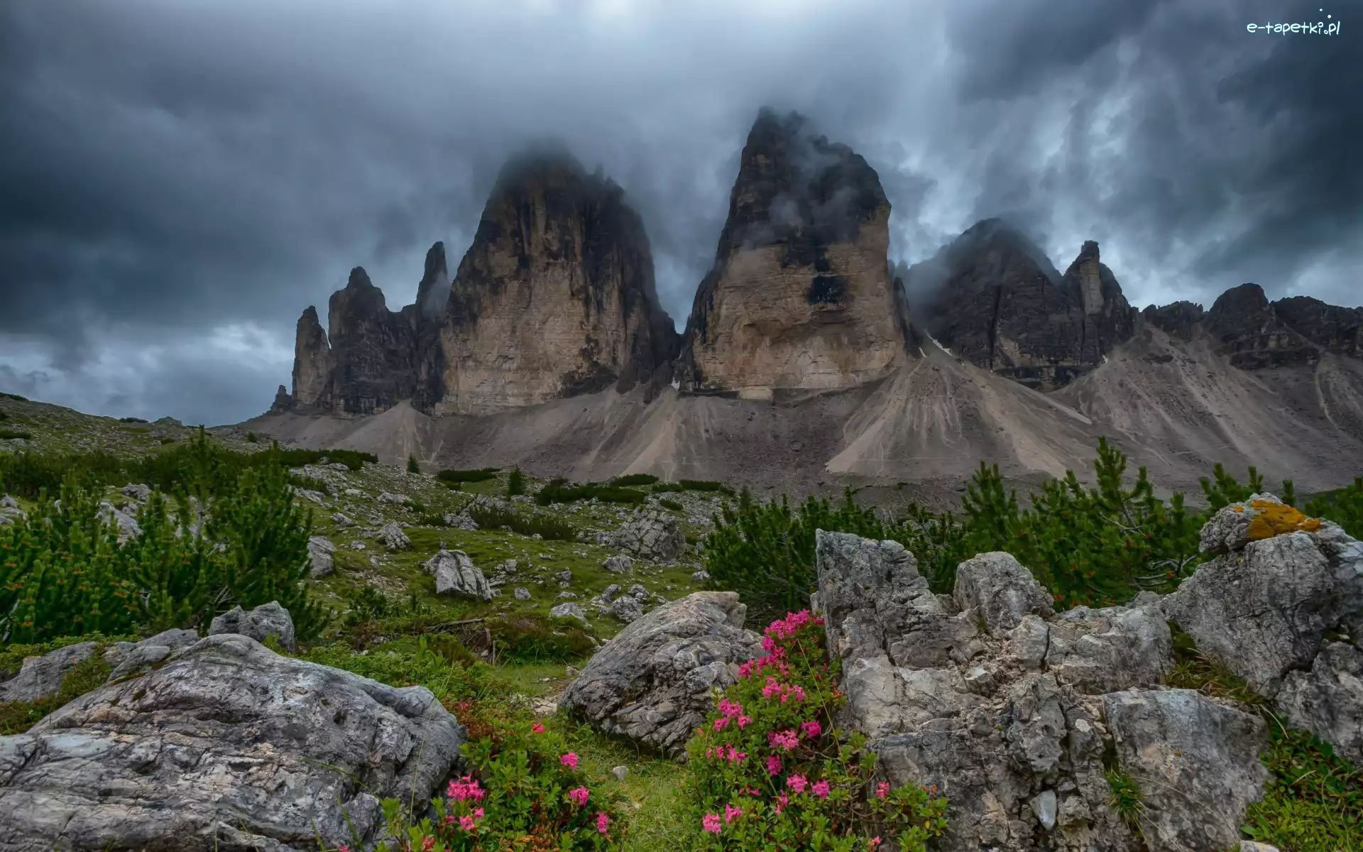 Skały, Chmury, Szczyty, Dolomity, Góry, Włochy, Roślinność, Tre Cime di Lavaredo, Krzewy