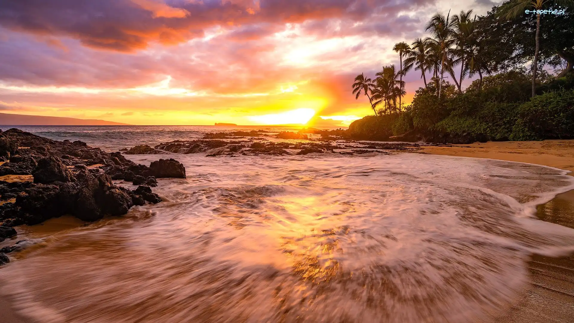 Secret Beach, Chmury, Plaża, Palmy, Morze, Stany Zjednoczone, Hawaje, Zachód słońca, Maui