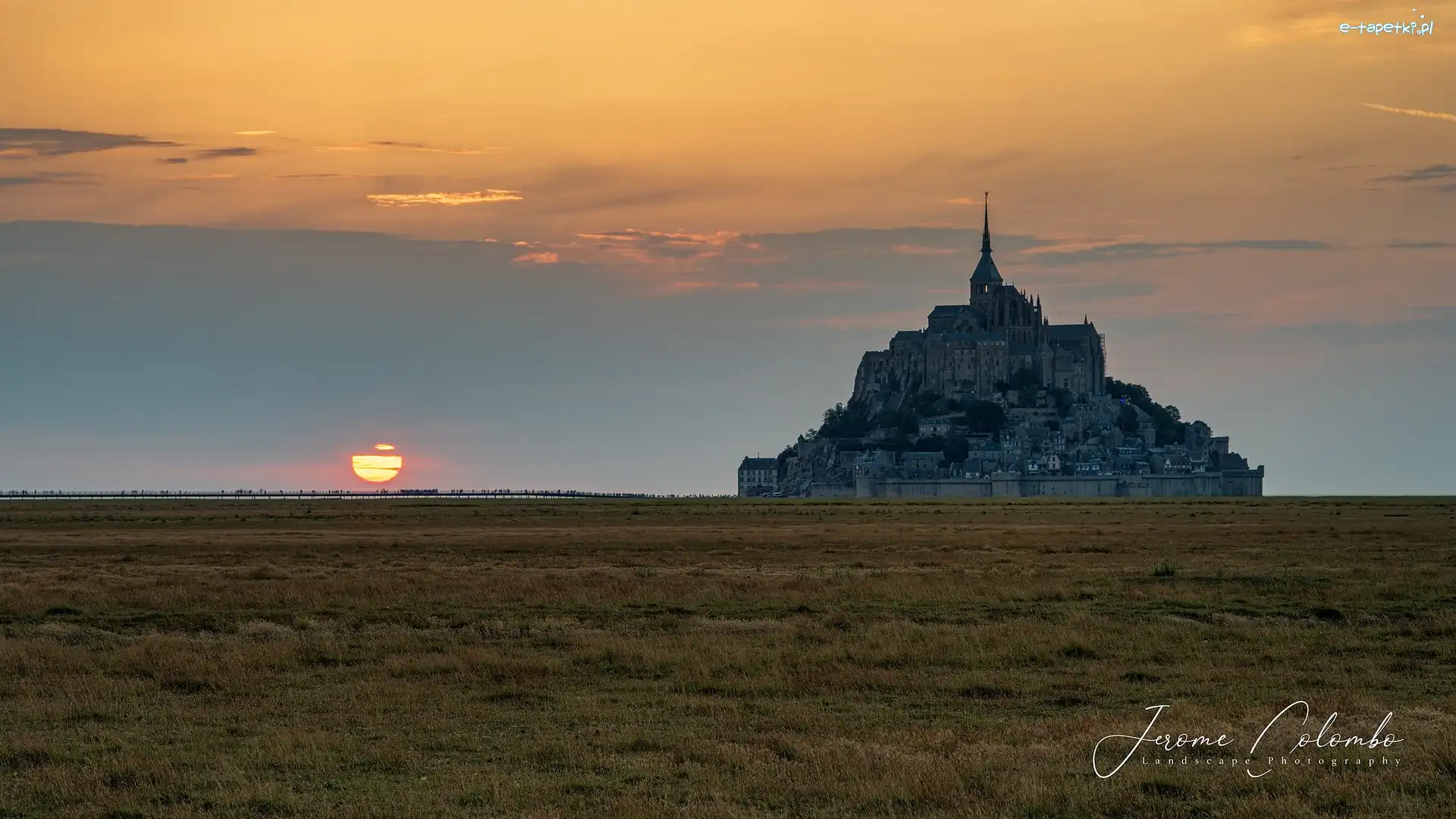 Francja, Klasztor, Opactwo św Archanioła, Łąki, Zachód słońca, Normandia, Mont Saint Michel
