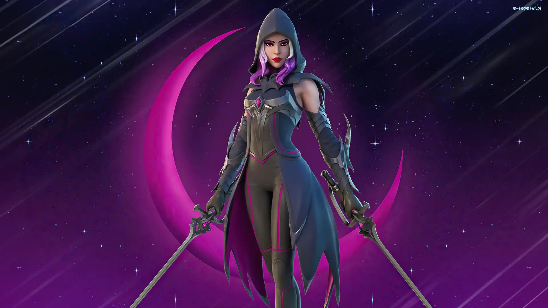 Kobieta, Postać, Night Hunter, Fortnite, Gra, Księżyc, Kaptur, Nocny Łowca, Miecze