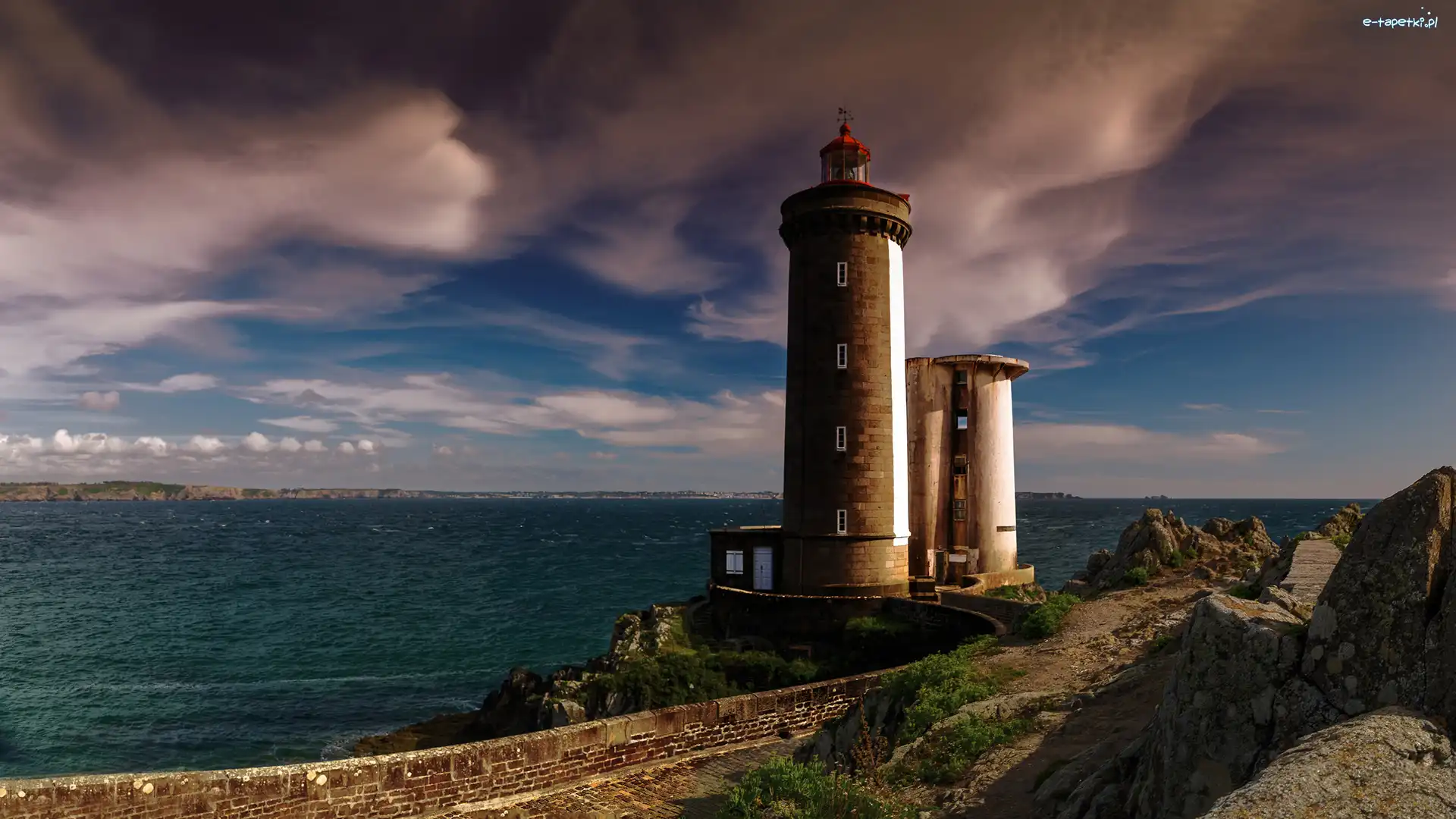 Skały, Francja, Morze, Gmina Plouzane, Latarnia morska Phare du Petit Minou, Most, Kamienny