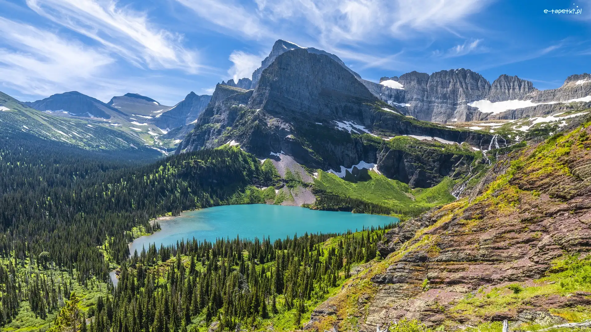Góry, Grinnell Lake, Stany Zjednoczone, Stan Montana, Park Narodowy Glacier, Drzewa, Skały, Jezioro