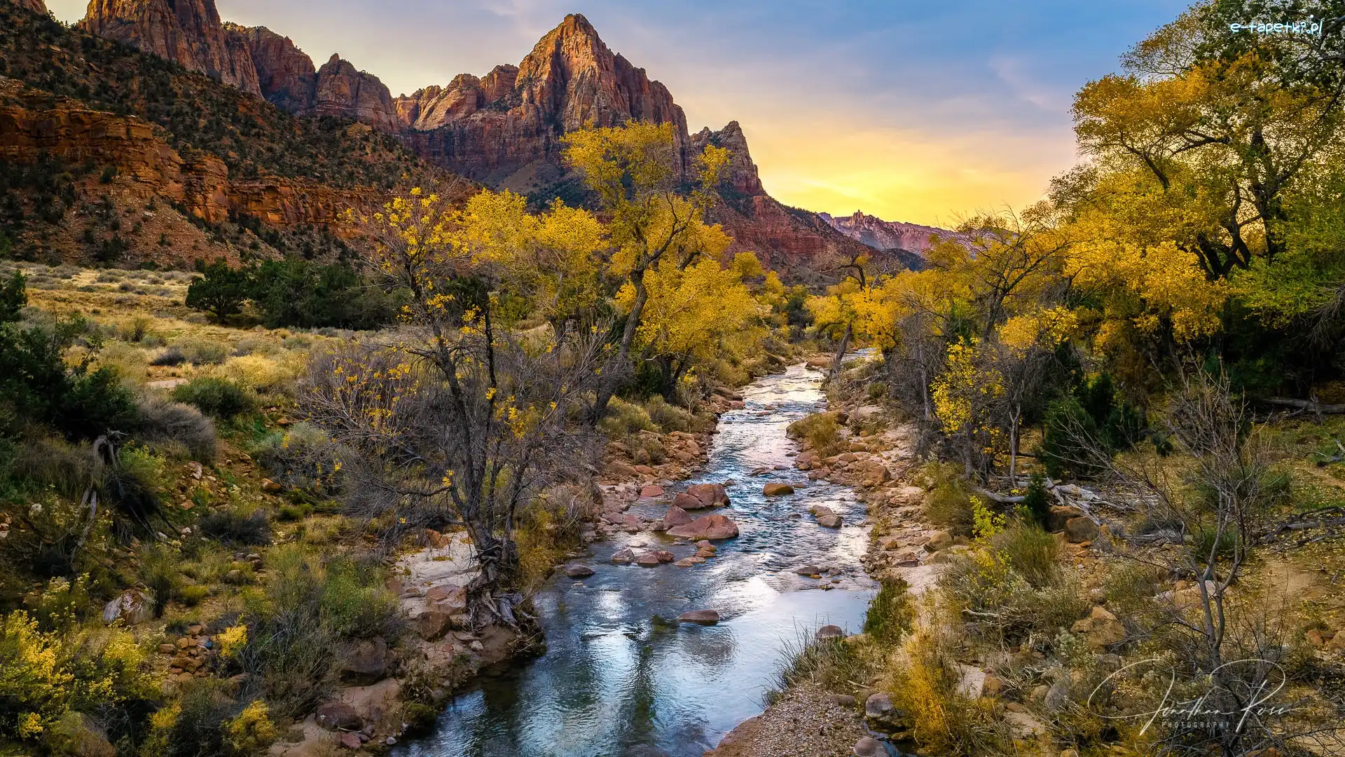 Virgin River, Góra Watchman, Stany Zjednoczone, Stan Utah, Rzeka, Drzewa, Park Narodowy Zion, Góry