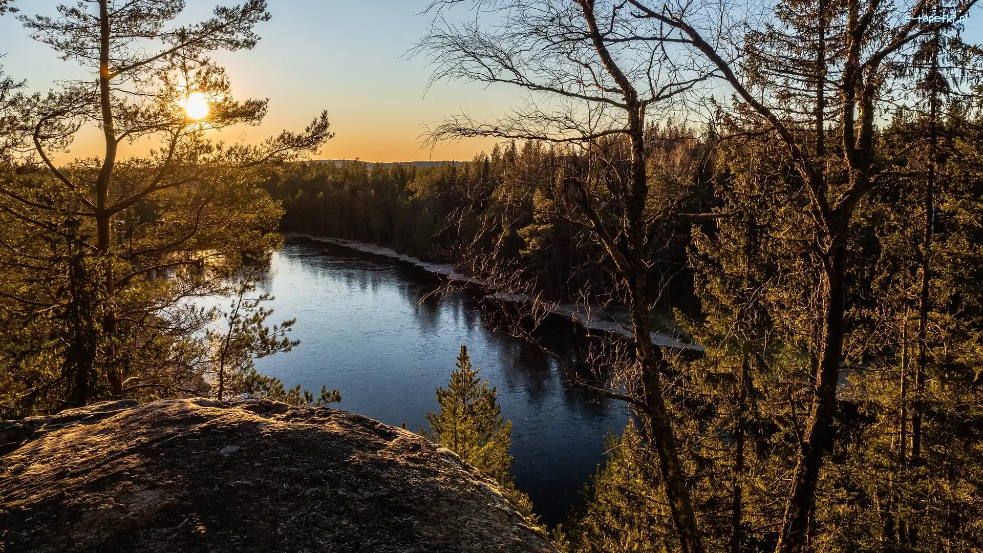 Jezioro Ringnestjerna, Drzewa, Skała, Norwegia, Słońce