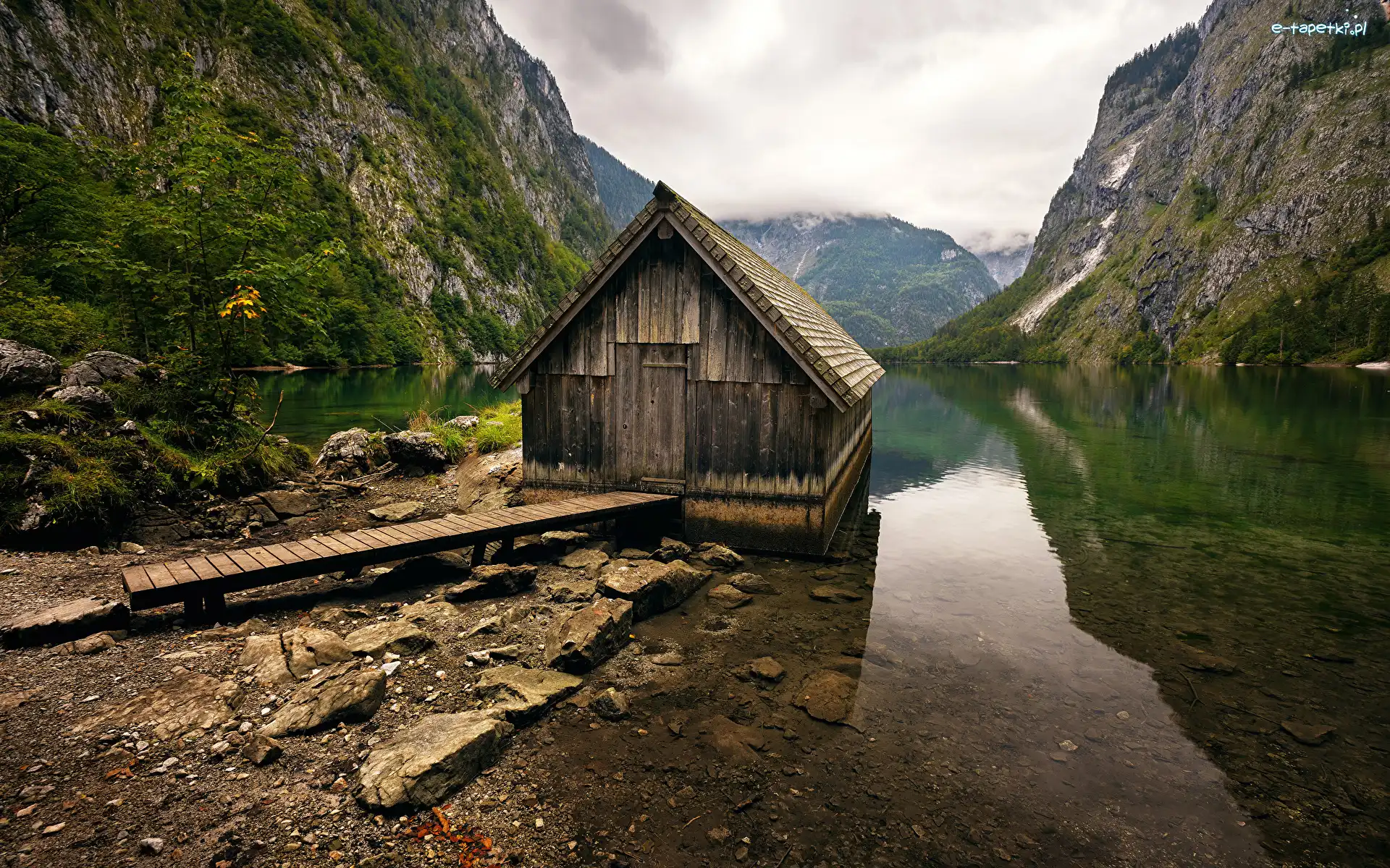 Alpy, Park Narodowy Berchtesgaden, Niemcy, Bawaria, Góry, Domek, Kamienie, Jezioro Obersee