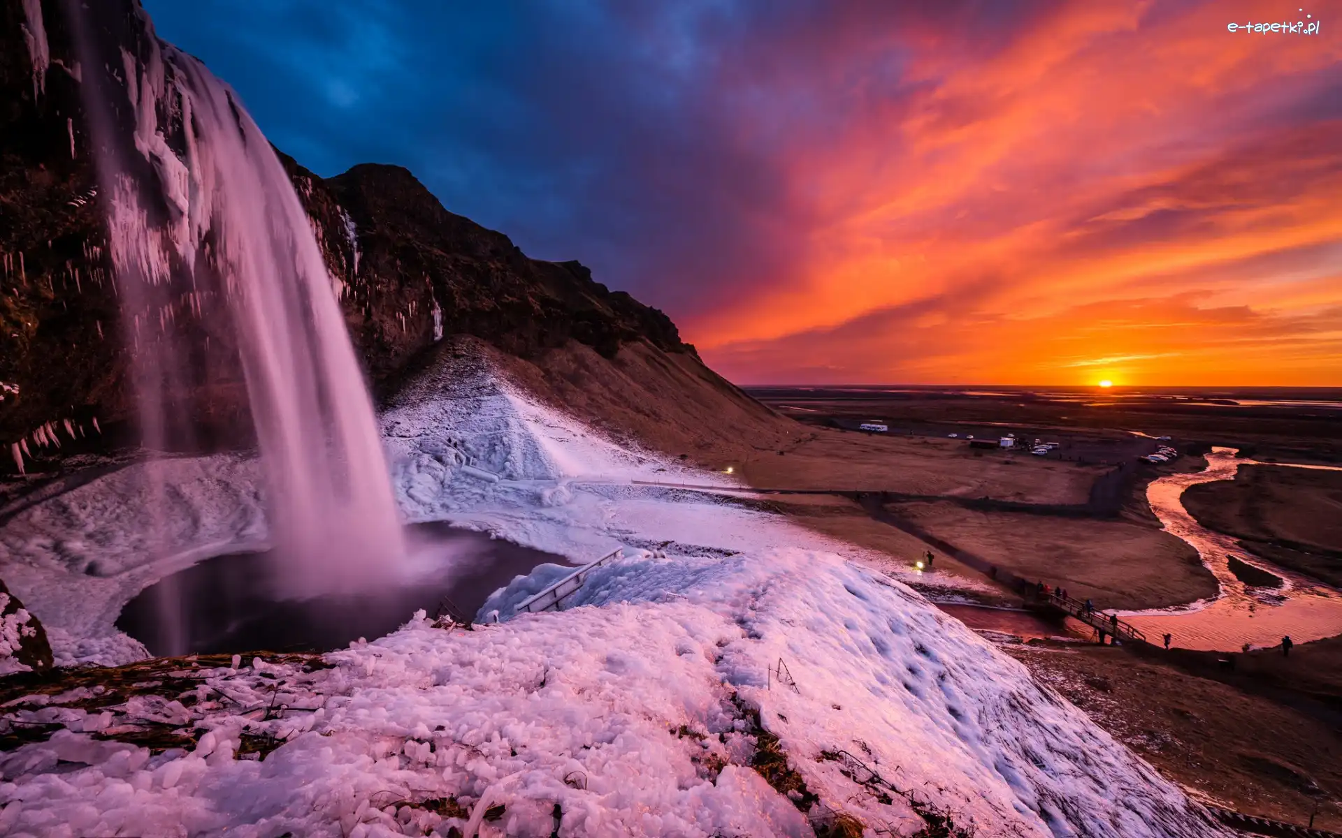 Seljalandsfoss, Skały, Wodospad, Islandia, Zachód słońca, Zima