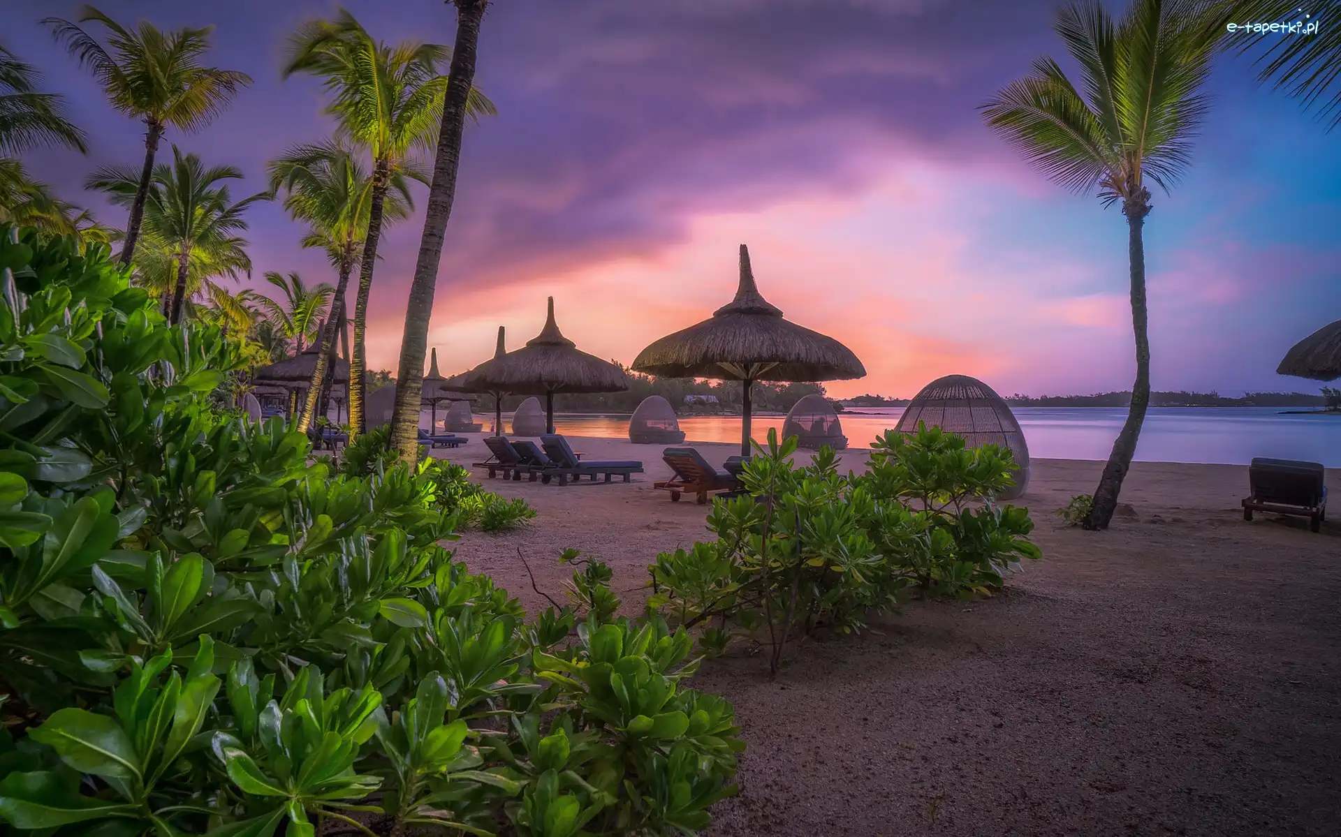 Parasole, Plaża, Mauritius, Zachód słońca, Leżaki, Palmy, Roślinność, Morze