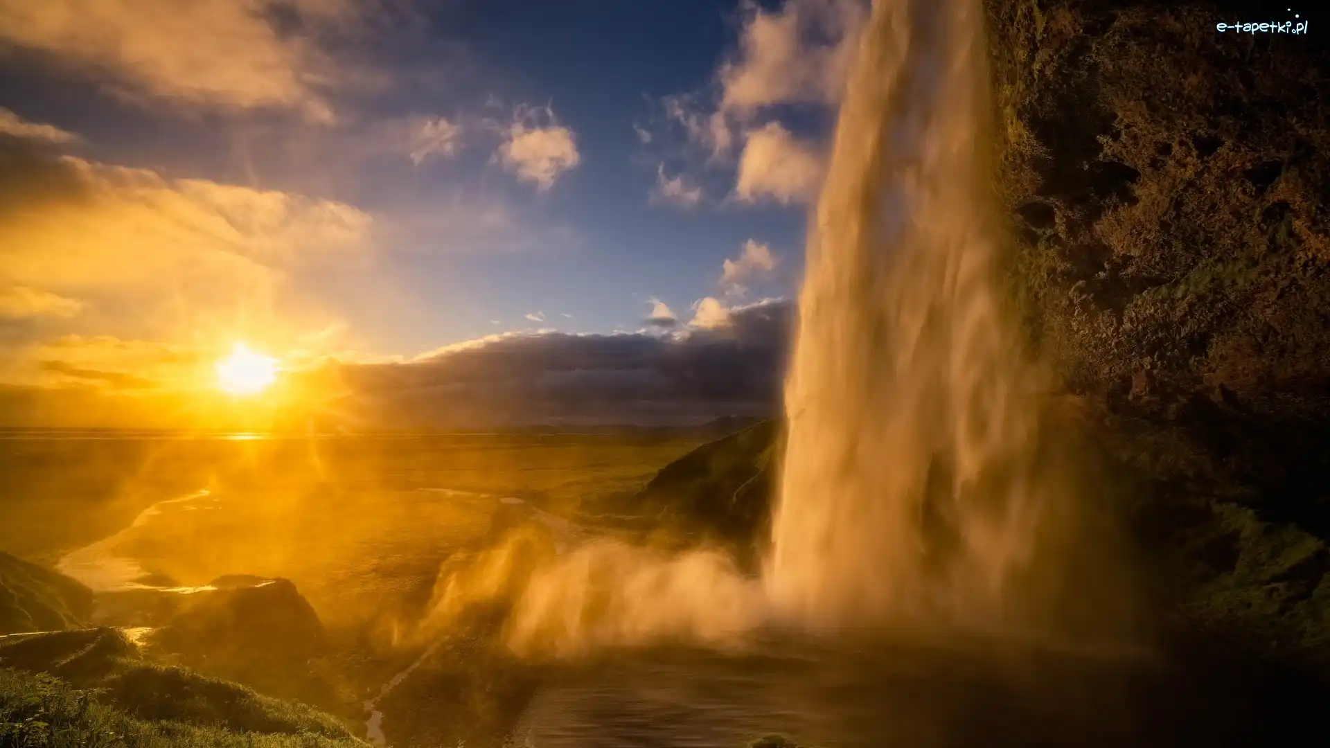Promienie słońca, Wodospad Seljalandsfoss, Islandia