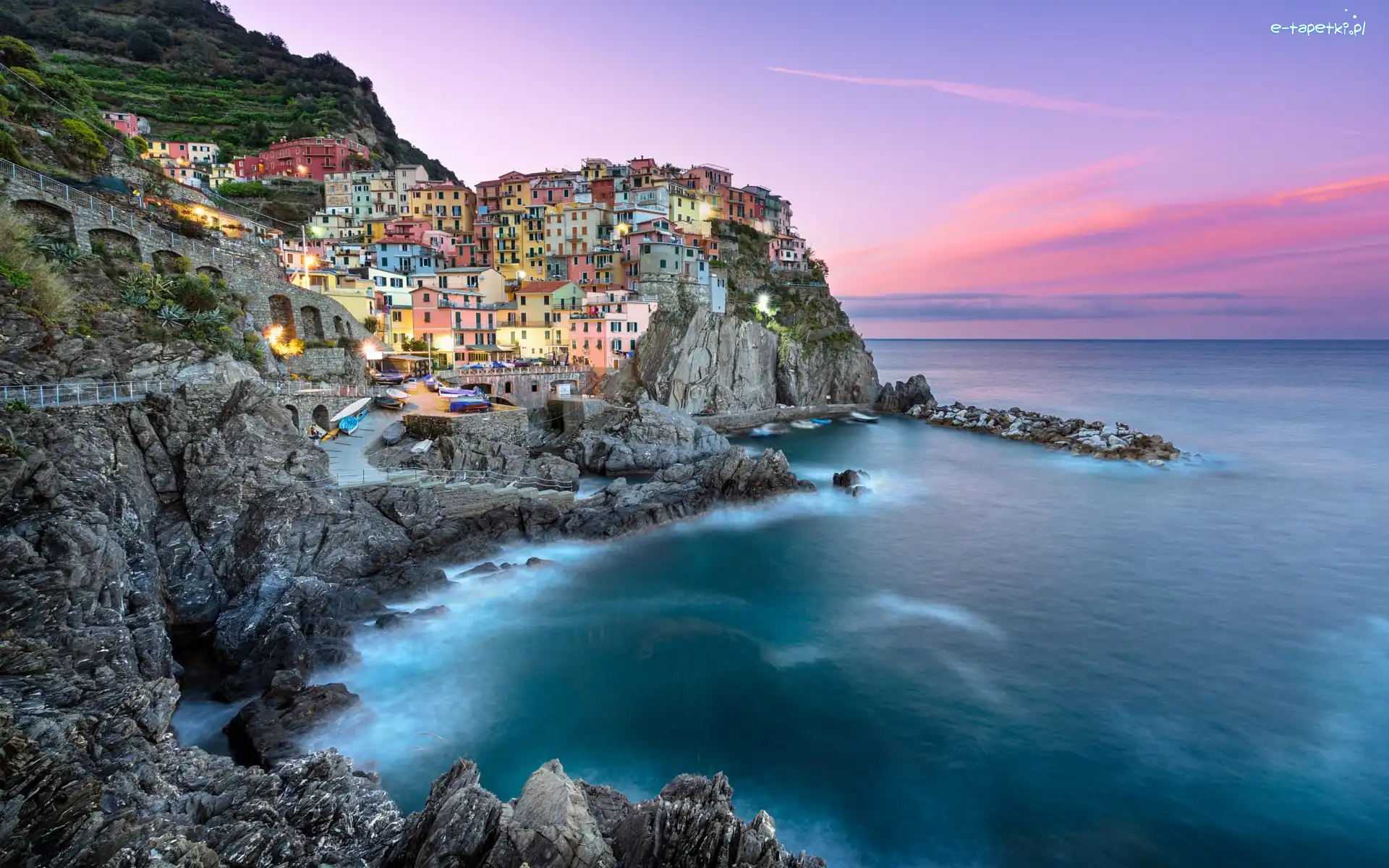 Morze Liguryjskie, Domy, Manarola, Cinque Terre, Wybrzeże, Włochy, Liguria, Skały, Gmina Riomaggiore
