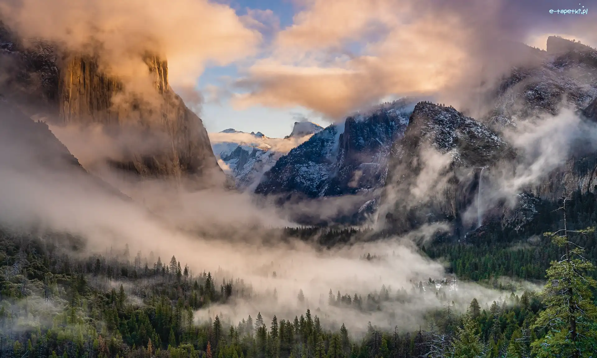 Stany Zjednoczone, Drzewa, Yosemite Valley, Mgła, Góry, Kalifornia, Park Narodowy Yosemite
