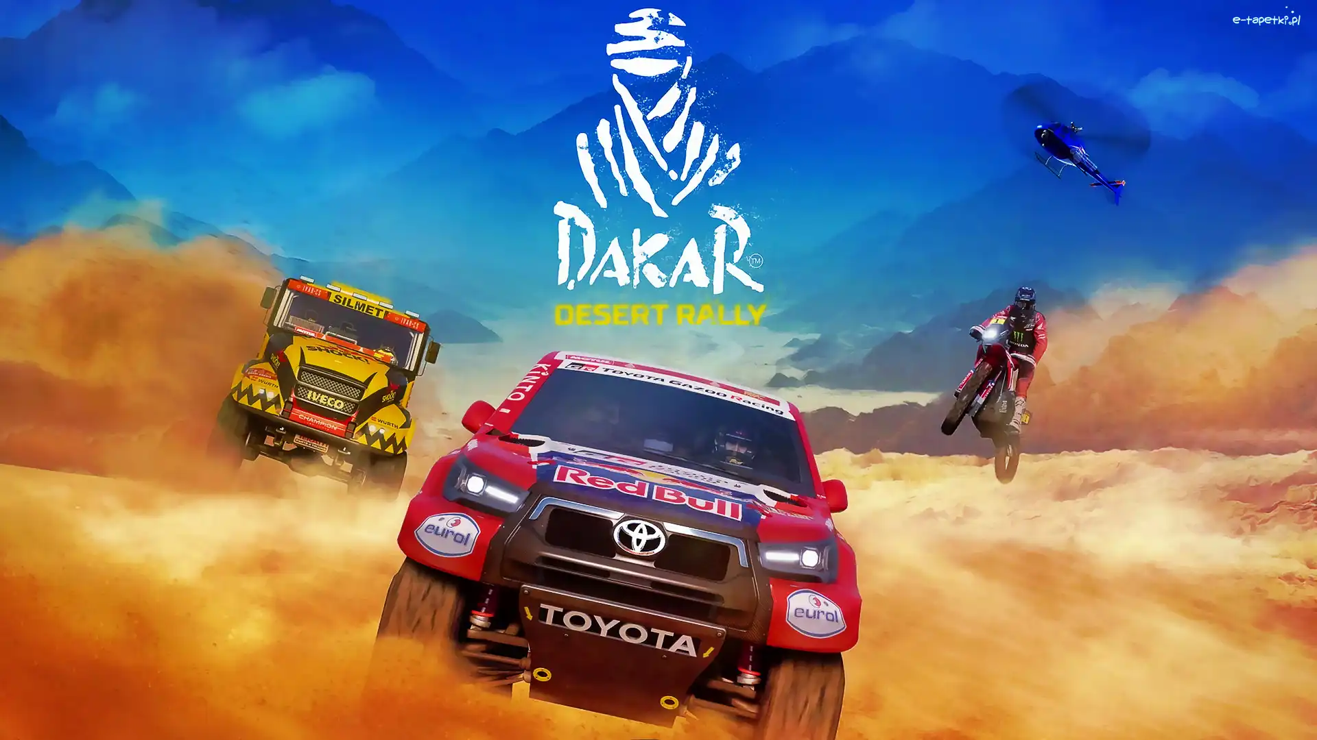 Motocykl, Toyota, Samochody, Dakar Desert Rally, Gra, Plakat, Pustynia, Iveco, Helikopter