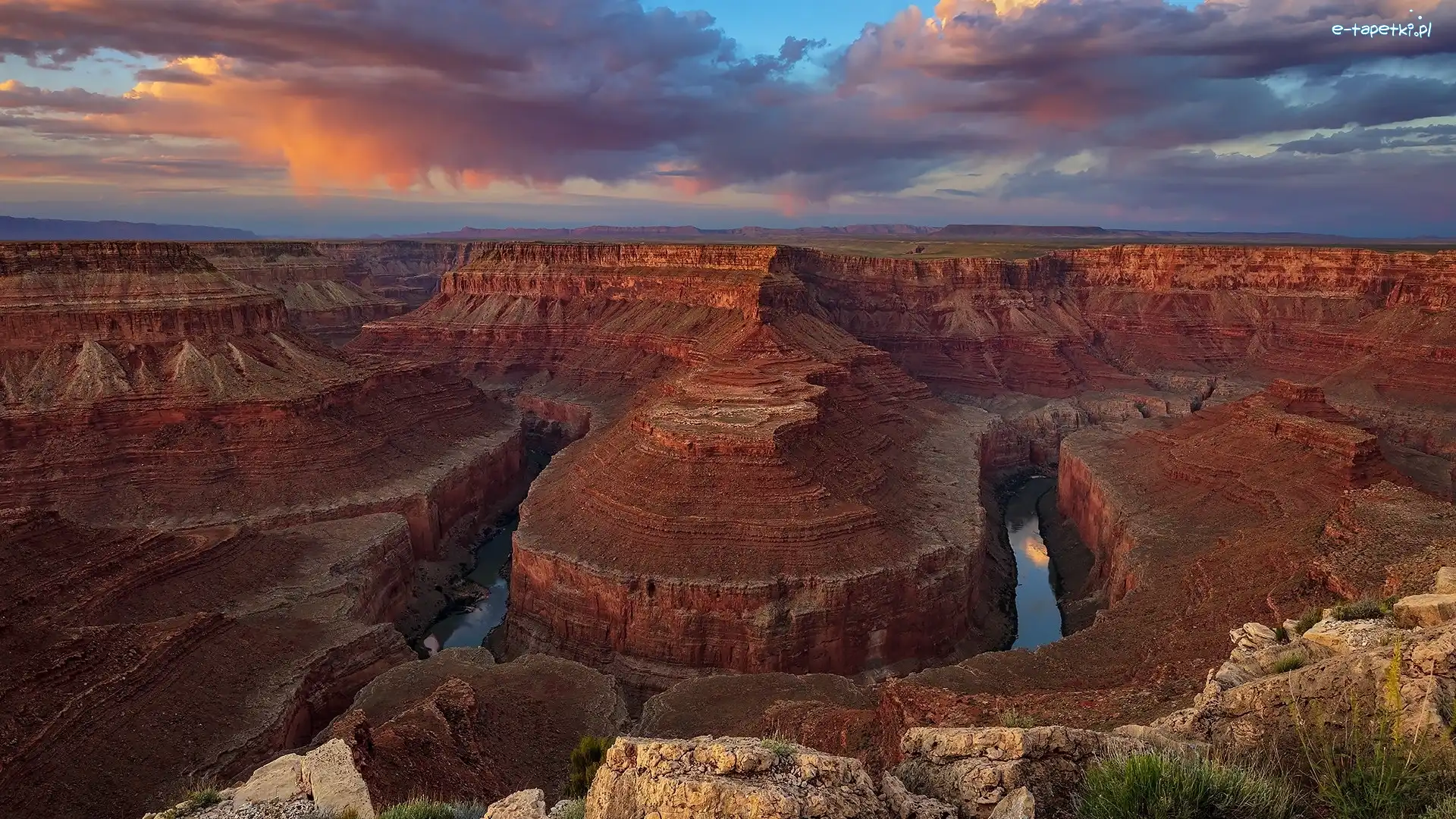 Kanion, Park Narodowy Wielkiego Kanionu, Zakole, Colorado River, Rzeka, Stany Zjednoczone, Arizona, Skały, Chmury