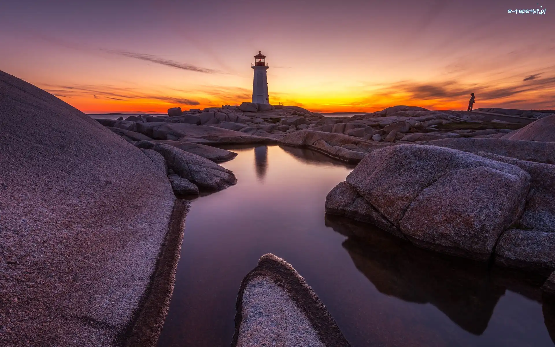 Kanada, Skały, Człowiek, Peggys Cove, Latarnia morska, Halifax, Zachód słońca