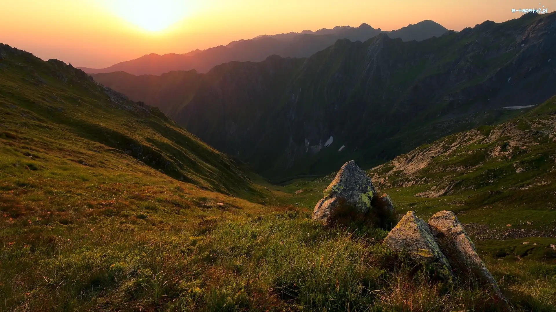 Słońce, Skały, Dolina, Góry