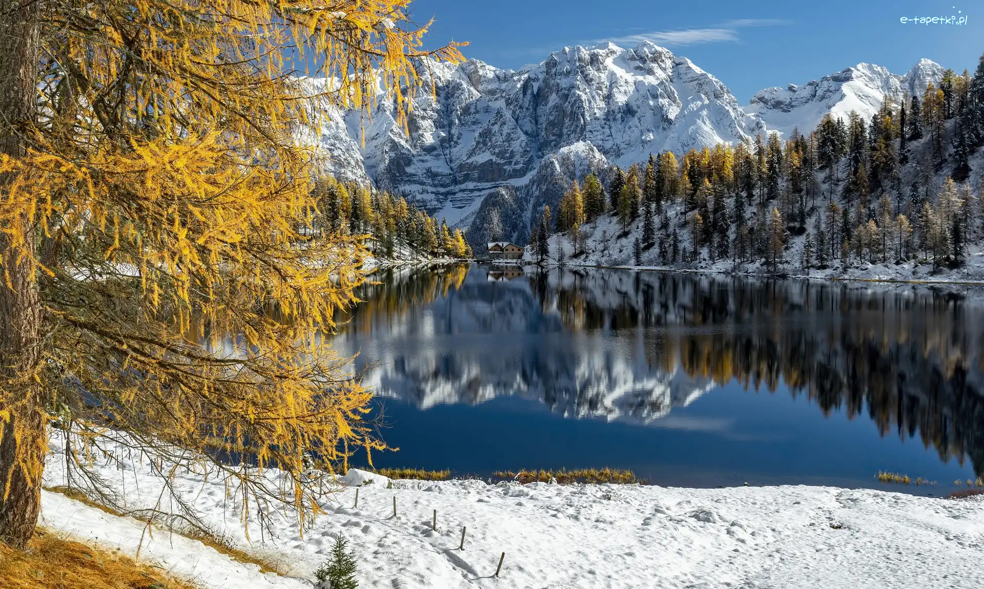 Drzewa, Jezioro, Włochy, Zima, Lago delle Malghette, Dom, Odbicie, Góry