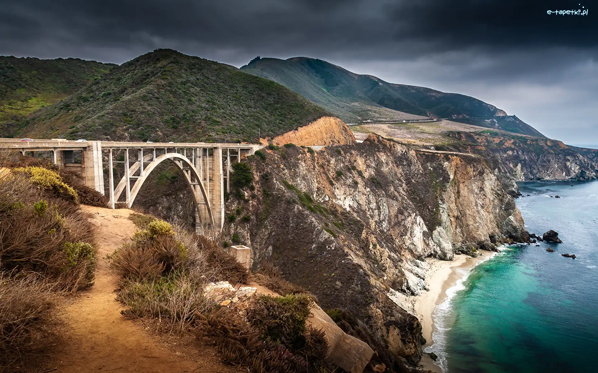 Roślinność, Kalifornia, Chmury, Bixby Creek Bridge, Wybrzeże, Skały, Most, Stany Zjednoczone, Góry, Morze