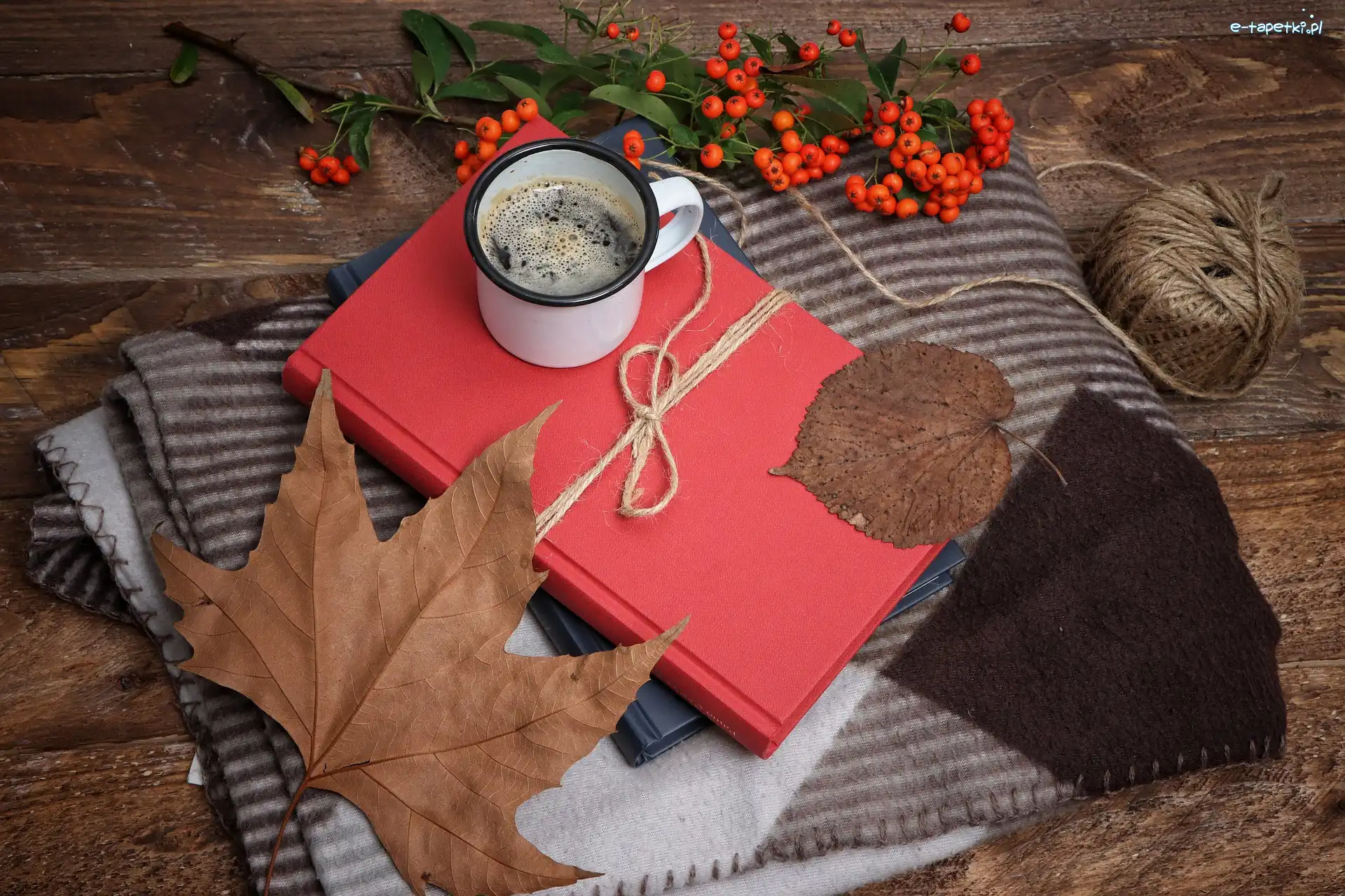 Liście, Książka, Kawa, Koc, Jarzębina, Kompozycja