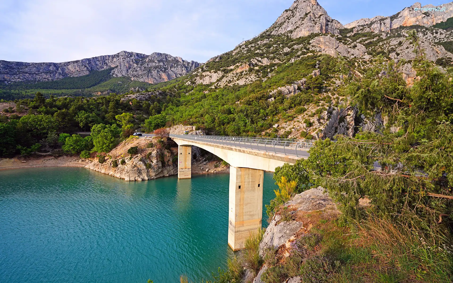 Drzewa, Aiguines, Jezioro Sainte Croix, Pont du Galetas, Góry, Rośliny, Most, Francja