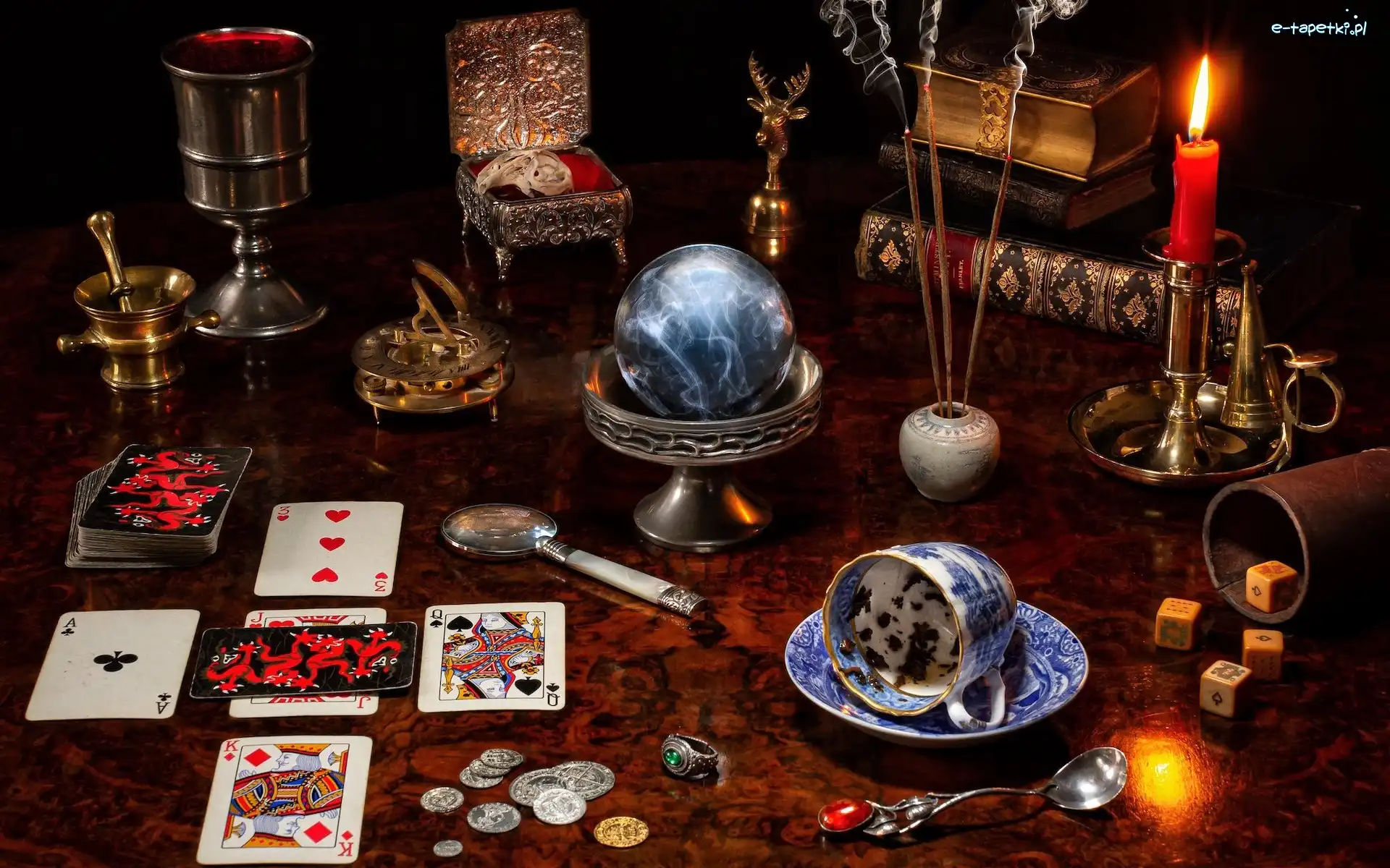 Filiżanka, Tarot, Świeca, Książki, Kompozycja, Wróżby, Magia, Karty, Kula