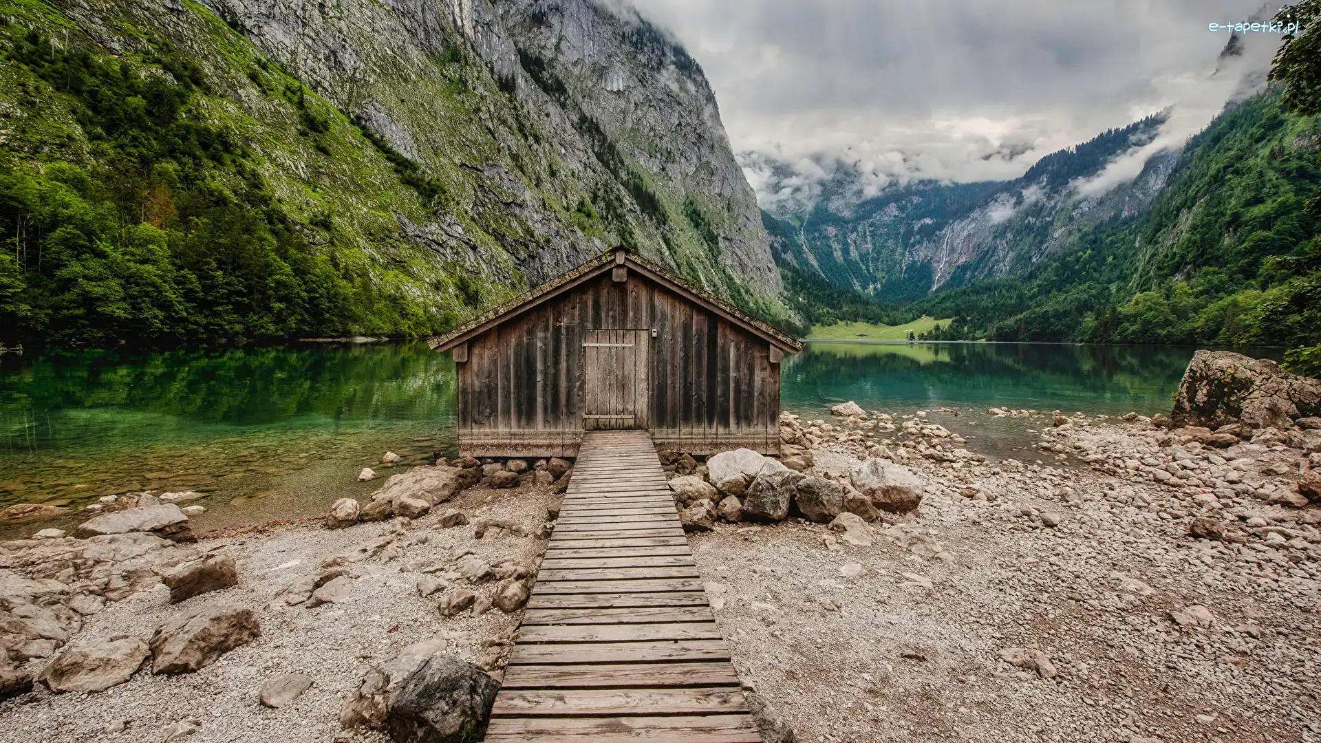 Szopa, Góry, Chmury, Pomost, Park Narodowy Berchtesgaden, Jezioro Obersee, Kamienie, Niemcy, Alpy, Lasy