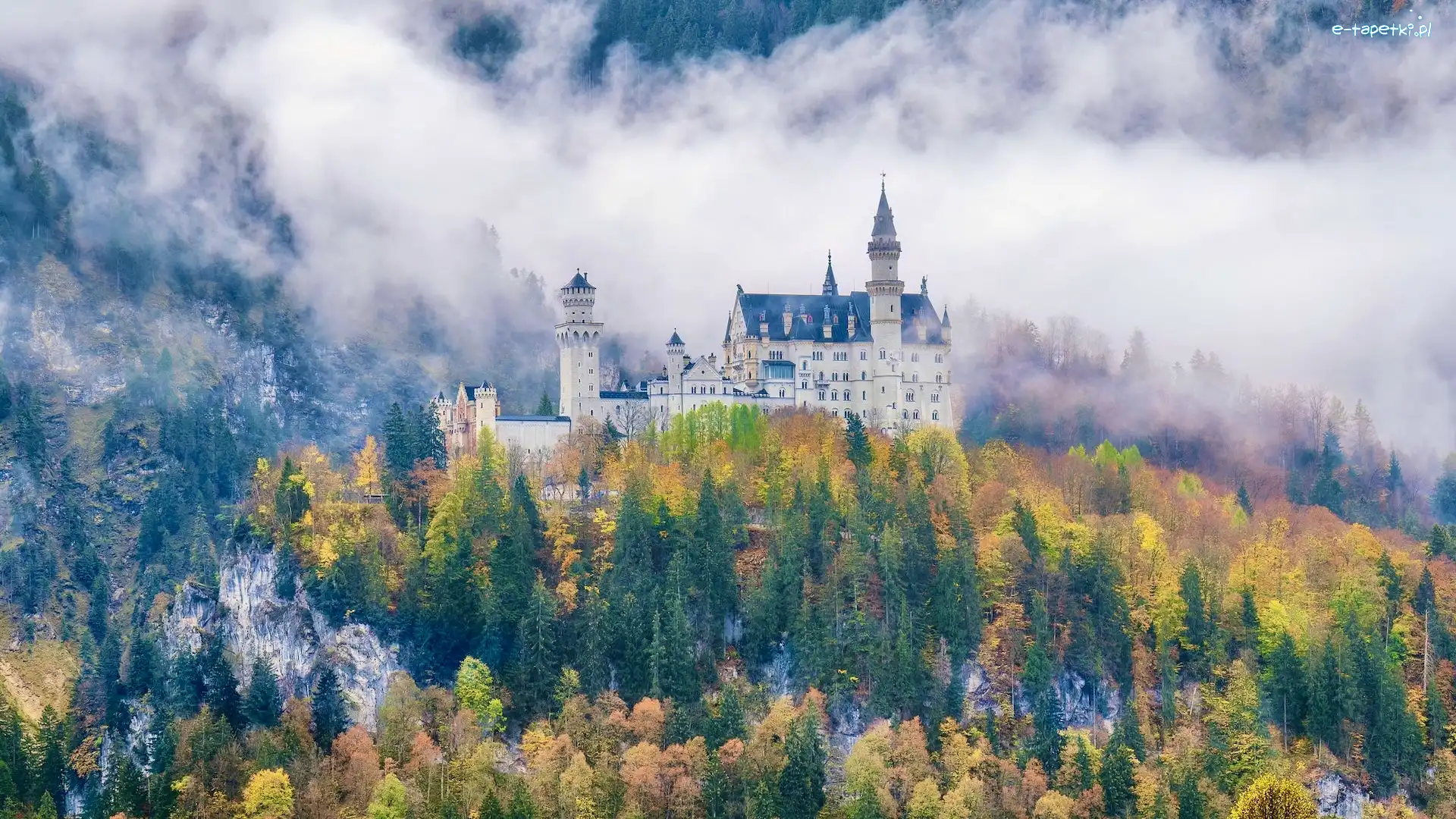 Jesień, Zamek, Neuschwanstein, Bawaria, Niemcy, Mgła, Lasy