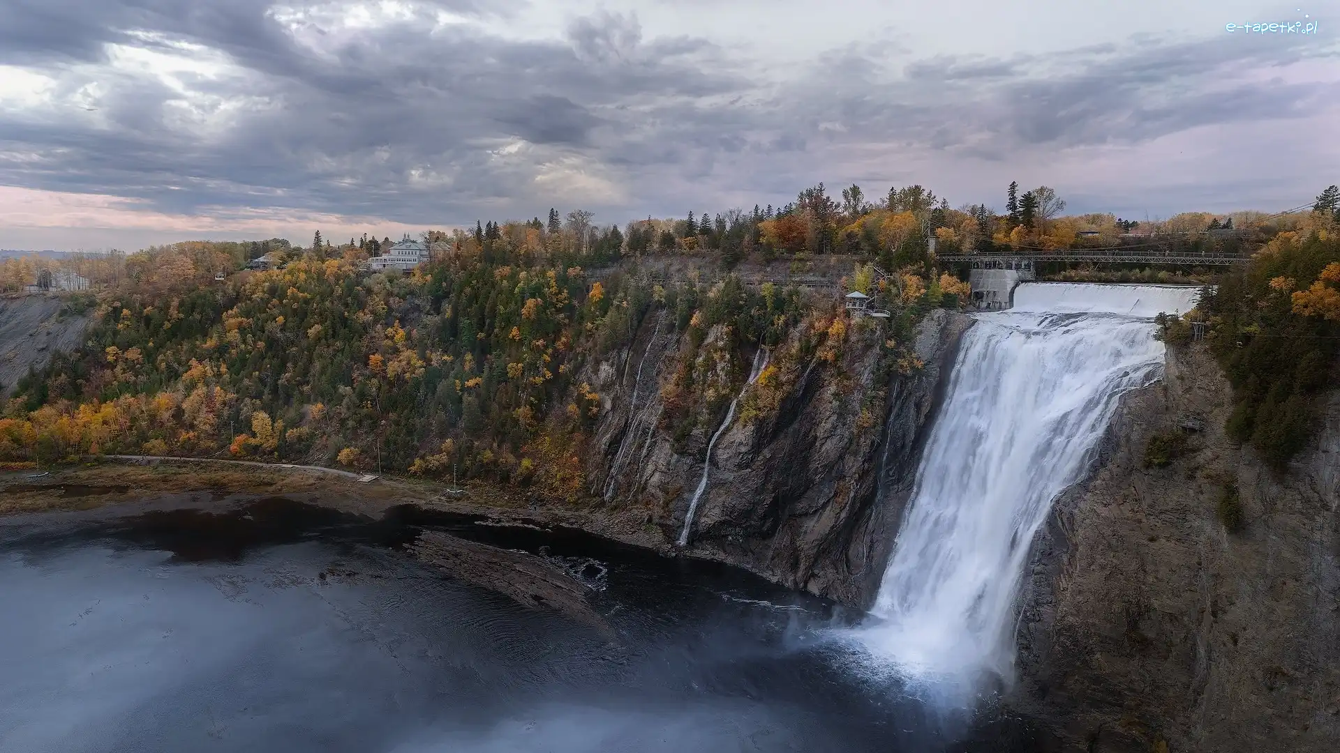 Stany Zjednoczone, Skały, Rzeka Montmorency, Montmorency Falls, Wodospad, Quebec, Drzewa