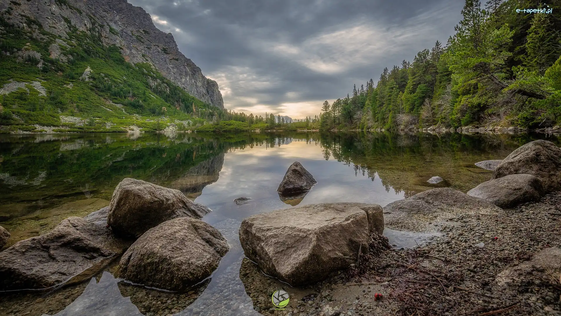 Słowacja, Tatry Wysokie, Drzewa, Góry, Jezioro, Kamienie, Lasy